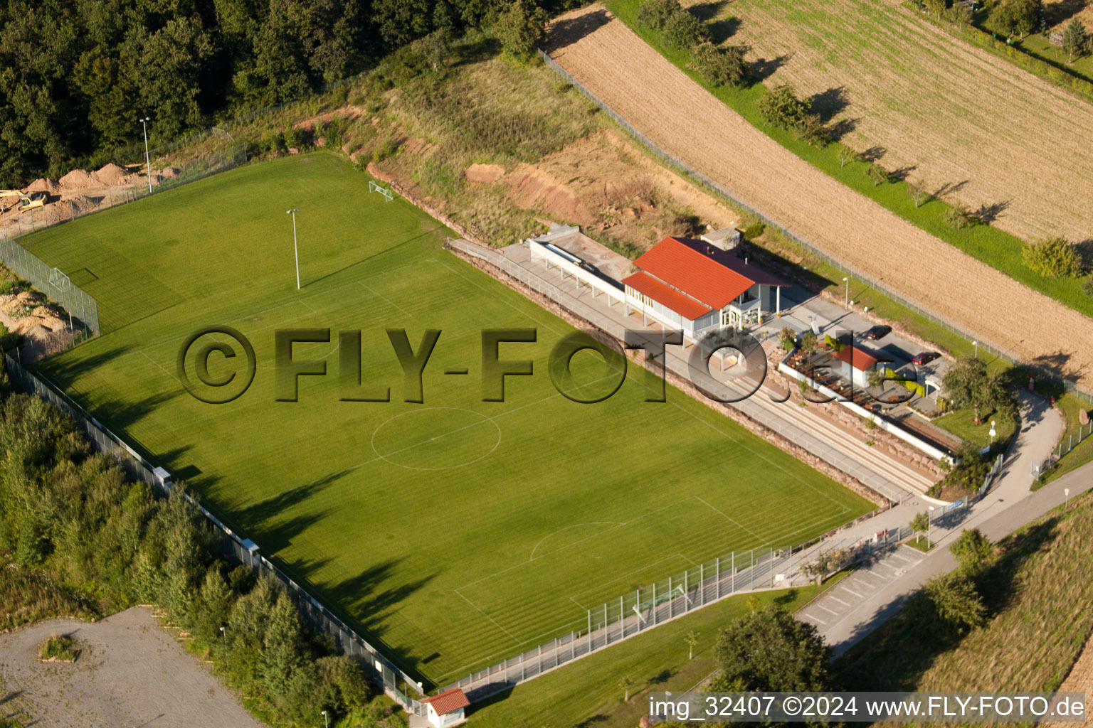 Pneuhage Stadium in the district Auerbach in Karlsbad in the state Baden-Wuerttemberg, Germany seen from above