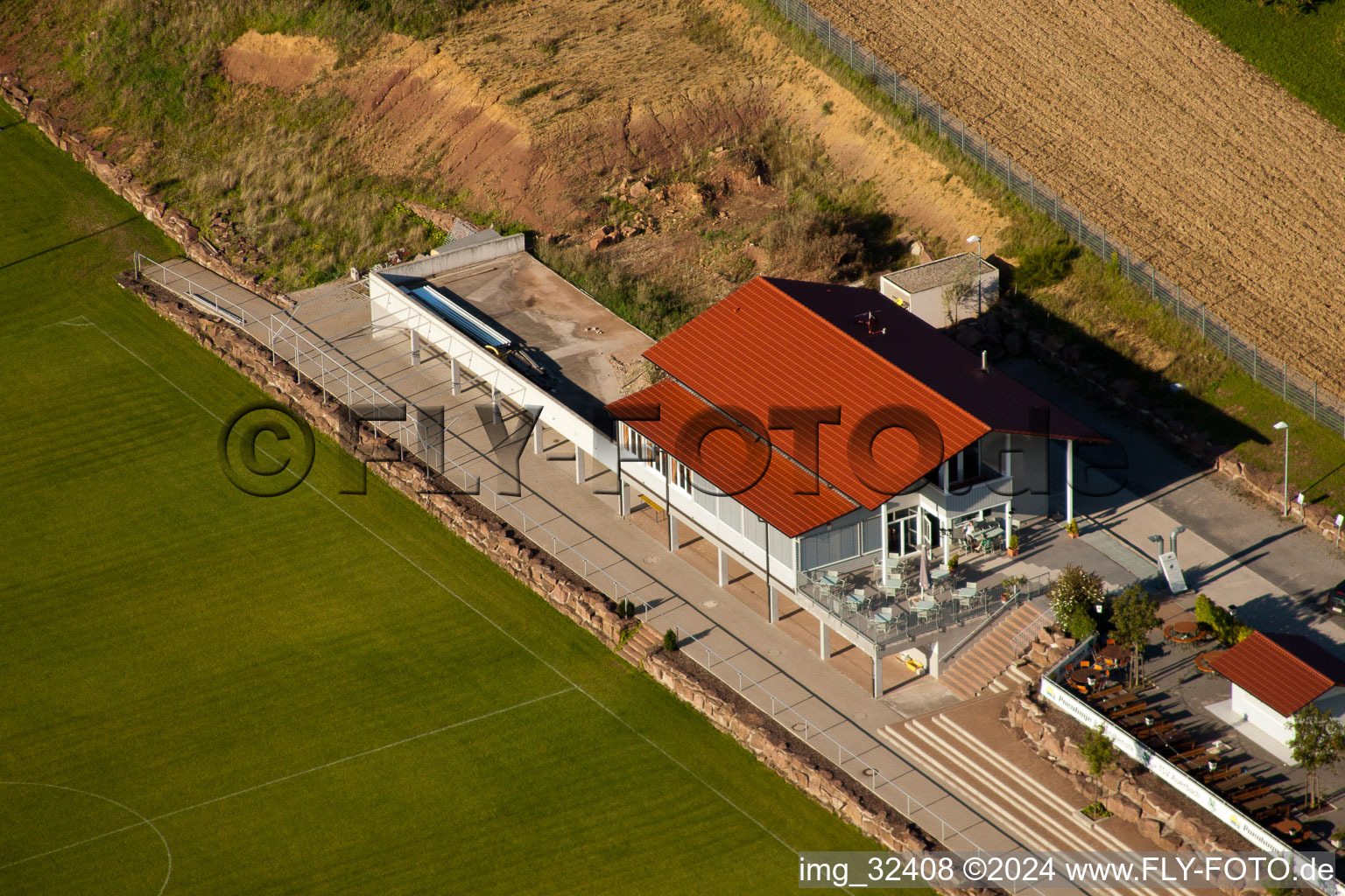 Pneuhage Stadium in the district Auerbach in Karlsbad in the state Baden-Wuerttemberg, Germany from the plane