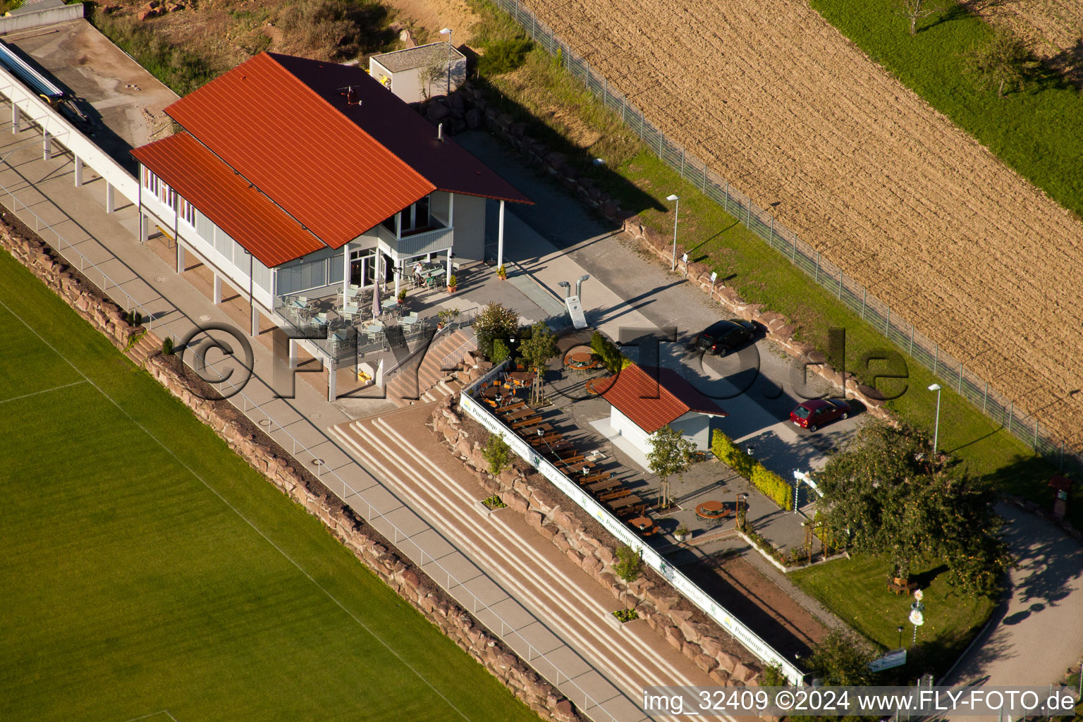 Bird's eye view of Pneuhage Stadium in the district Auerbach in Karlsbad in the state Baden-Wuerttemberg, Germany