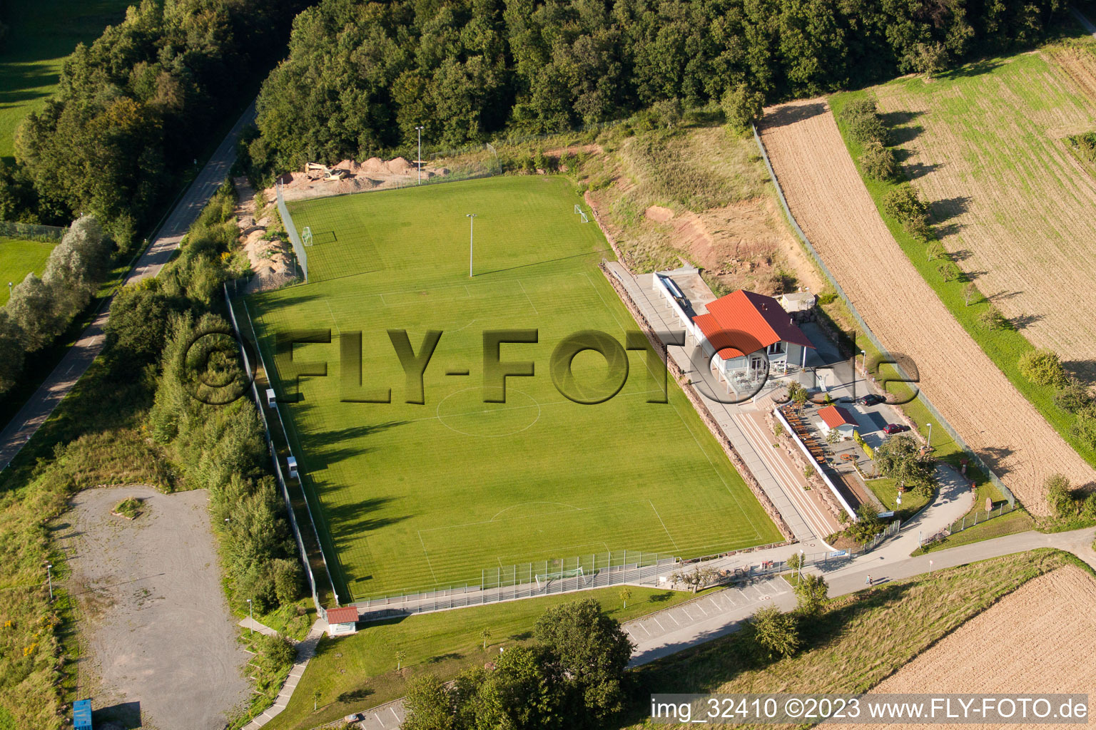 Pneuhage Stadium in the district Auerbach in Karlsbad in the state Baden-Wuerttemberg, Germany viewn from the air