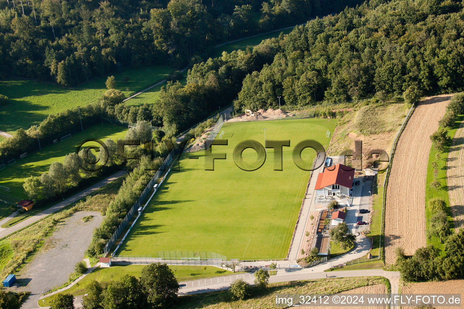 Drone recording of Pneuhage Stadium in the district Auerbach in Karlsbad in the state Baden-Wuerttemberg, Germany