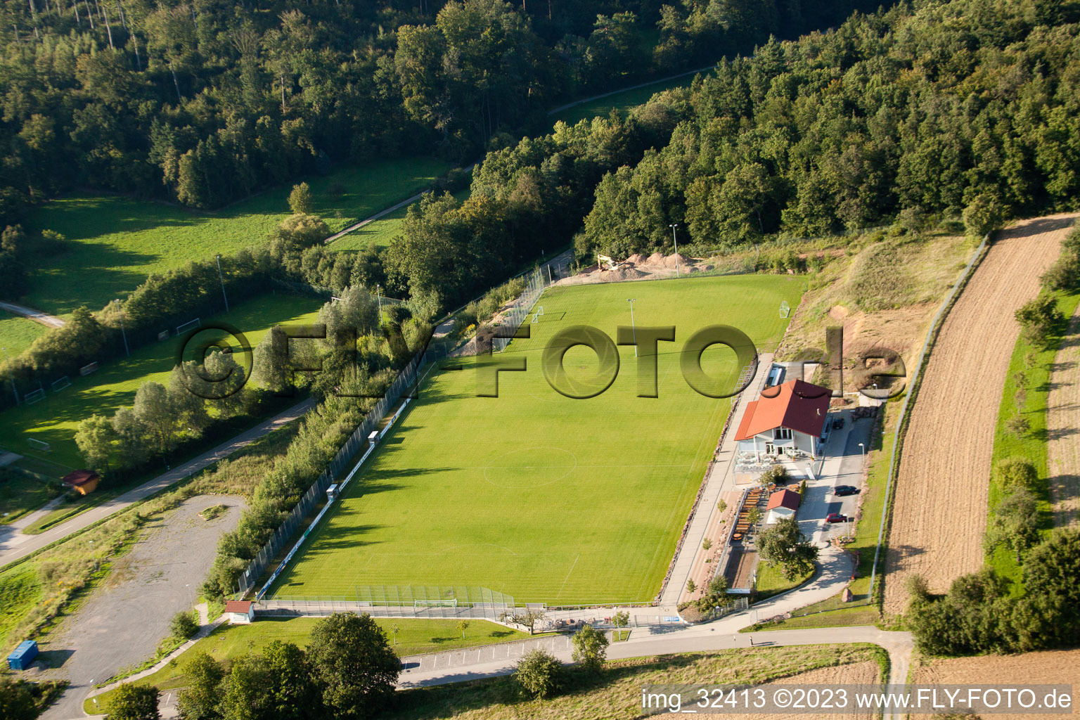 Drone image of Pneuhage Stadium in the district Auerbach in Karlsbad in the state Baden-Wuerttemberg, Germany