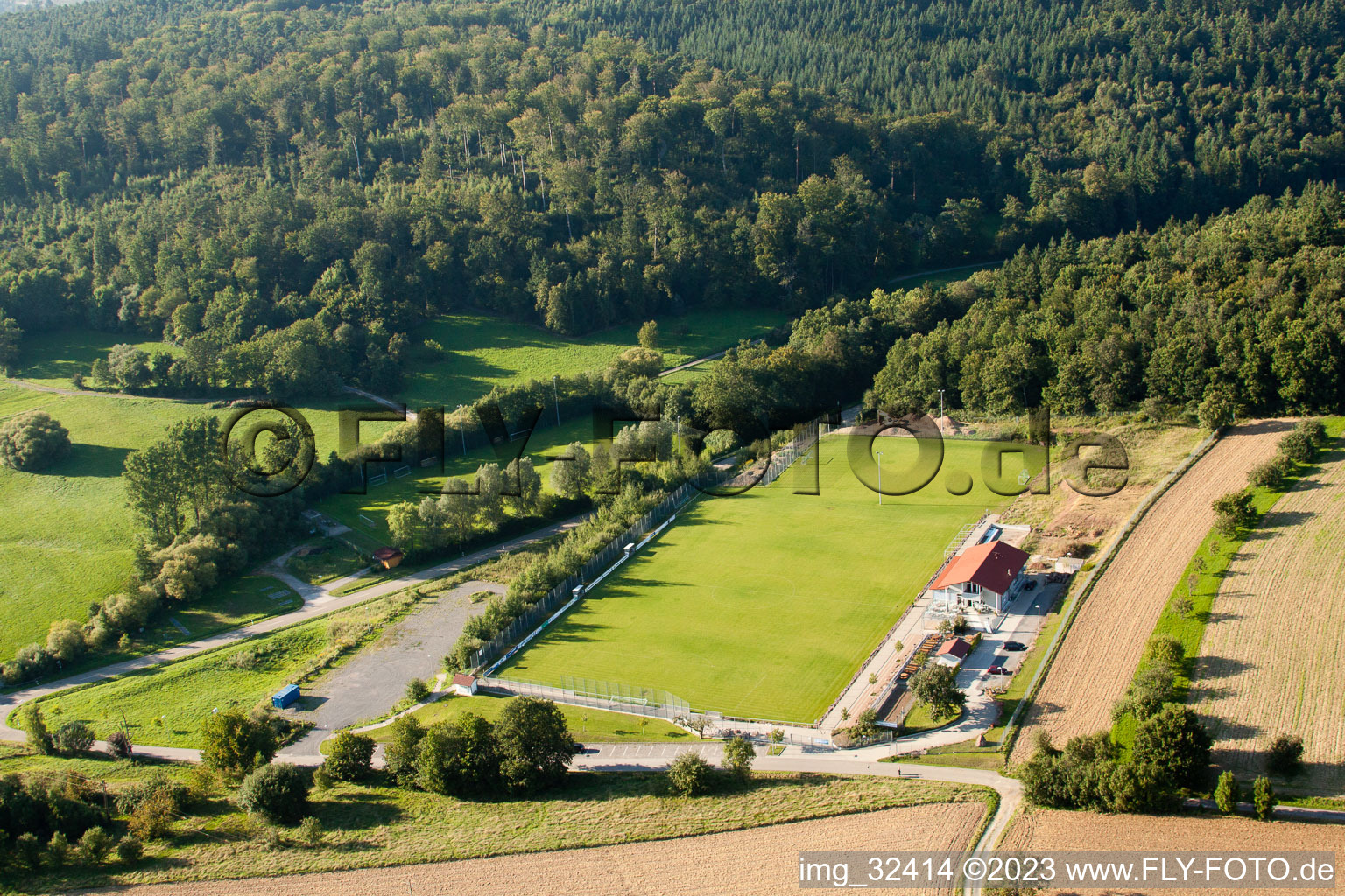 Pneuhage Stadium in the district Auerbach in Karlsbad in the state Baden-Wuerttemberg, Germany from the drone perspective
