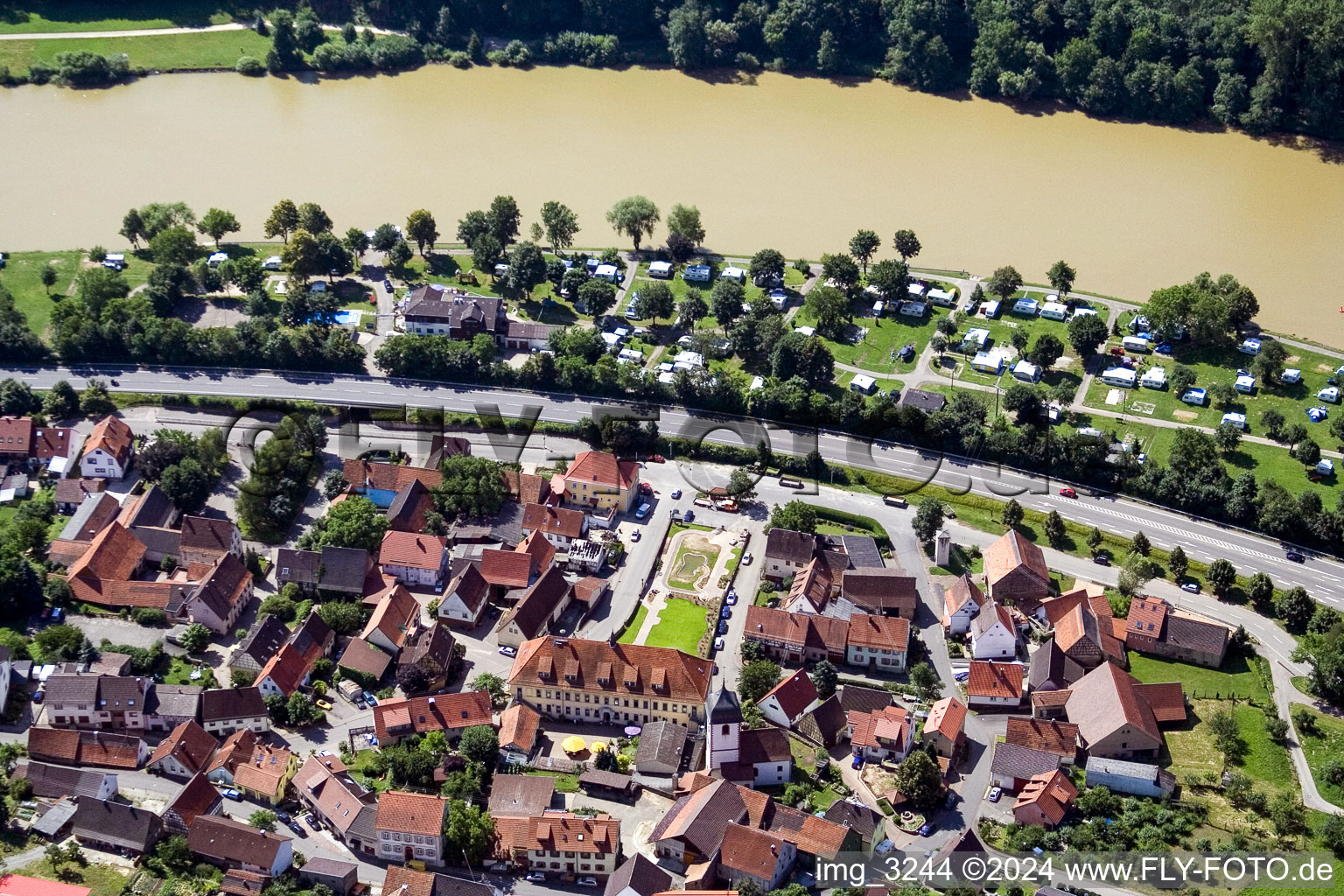 Aerial view of Village on the river bank areas Neckar in the district Moertelstein in Binau in the state Baden-Wurttemberg