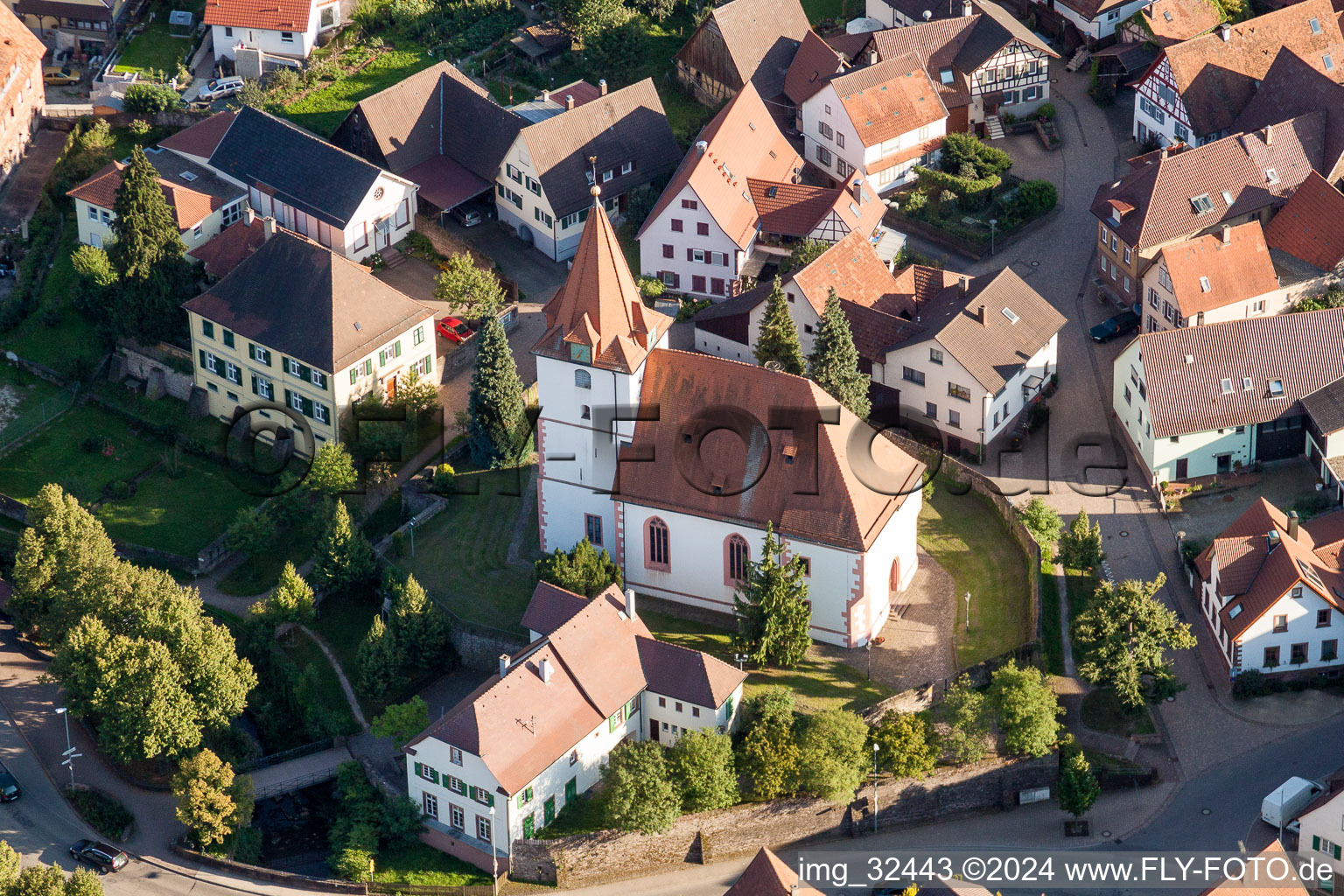 Aerial view of Church building in the village of in the district Ellmendingen in Keltern in the state Baden-Wurttemberg, Germany