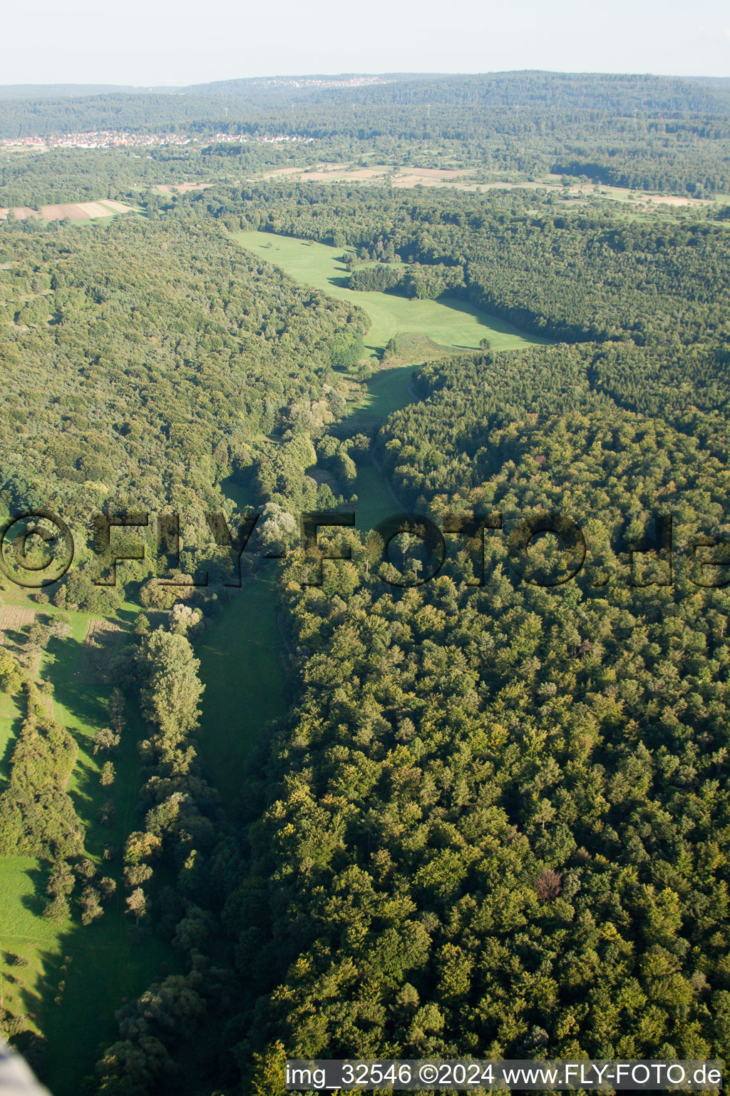 Oblique view of Kettelbachtal Nature Reserve in the district Obernhausen in Birkenfeld in the state Baden-Wuerttemberg, Germany