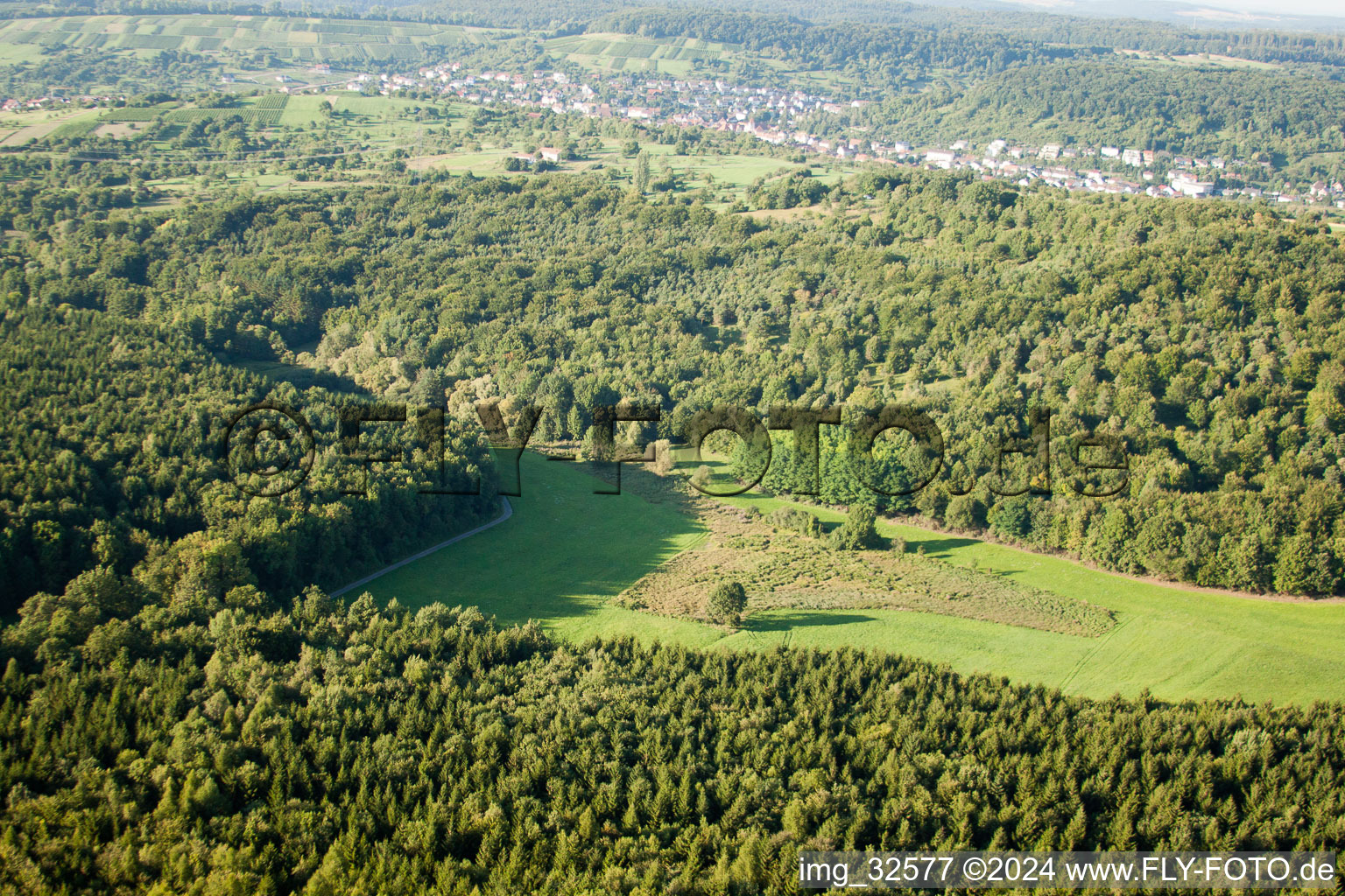 Oblique view of Kettelbachtal Nature Reserve in the district Obernhausen in Birkenfeld in the state Baden-Wuerttemberg, Germany