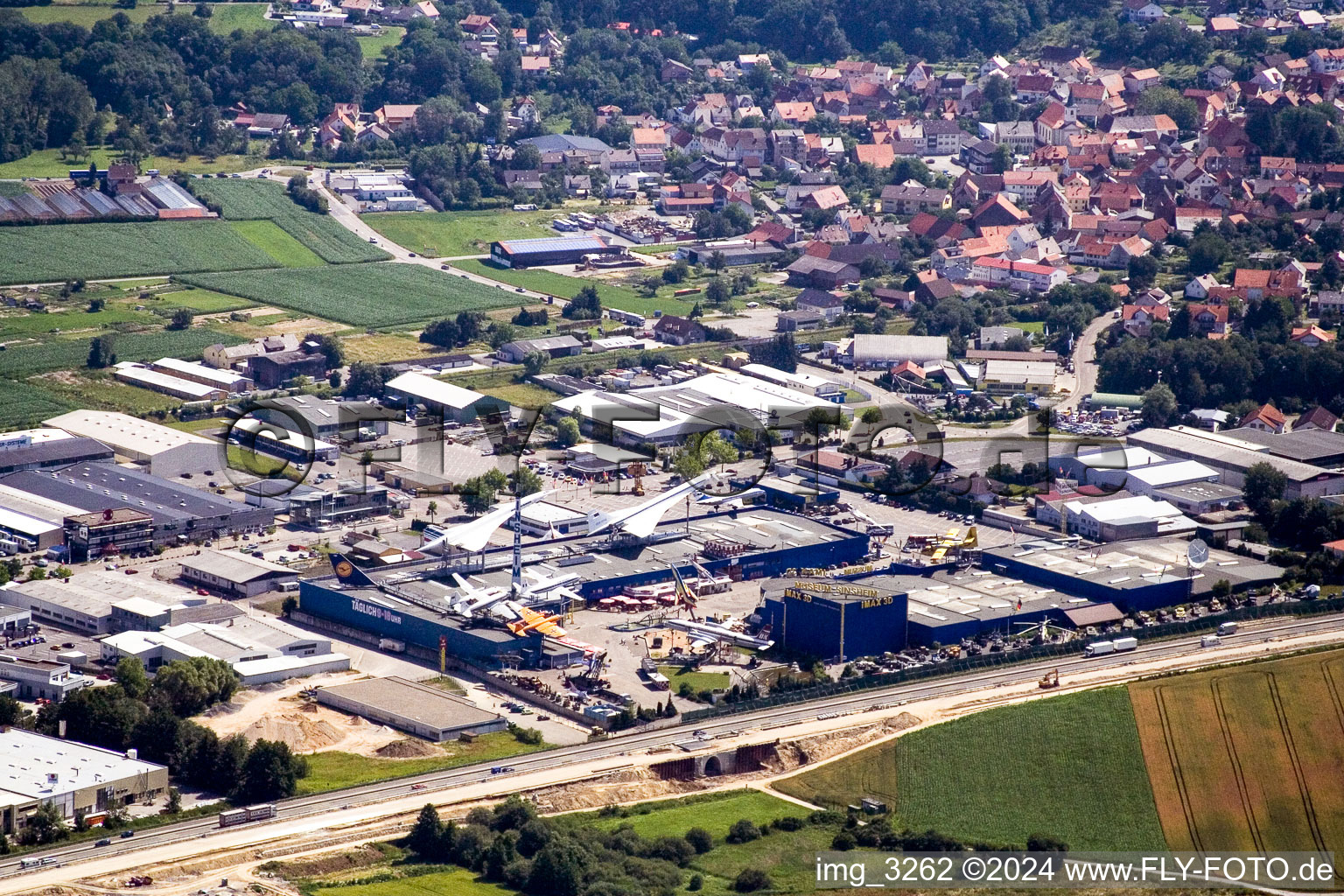 Oblique view of Technology museum with Tupolev and Concorde in the district Steinsfurt in Sinsheim in the state Baden-Wuerttemberg, Germany