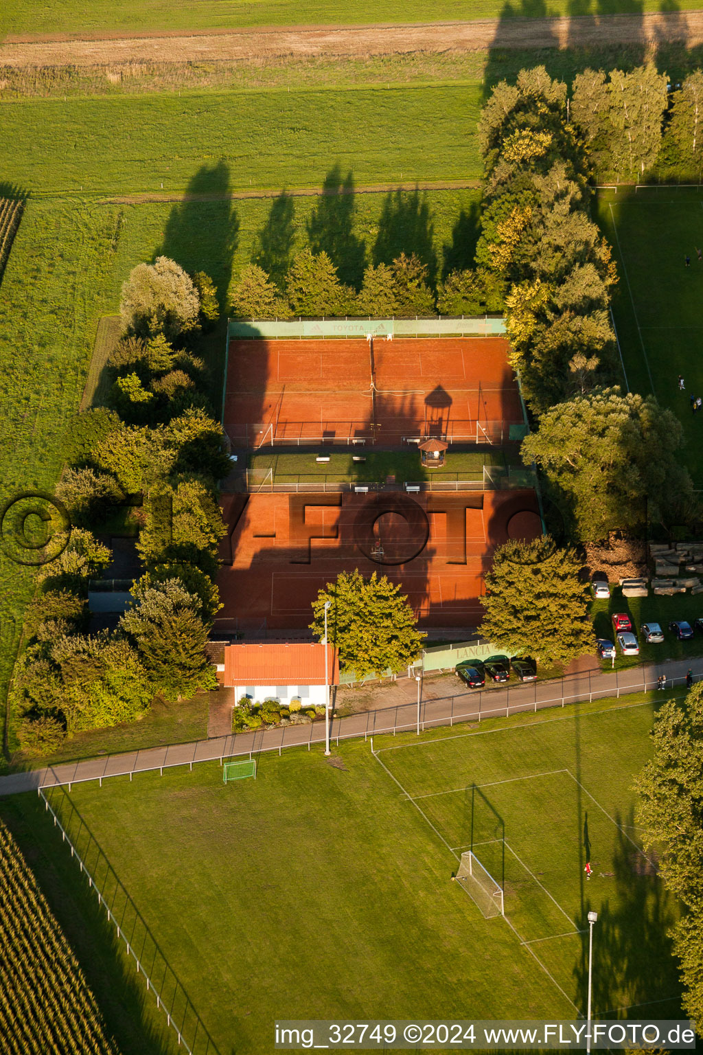 Sports fields in Minfeld in the state Rhineland-Palatinate, Germany from the plane