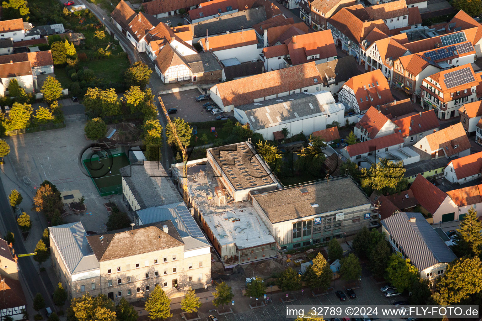 Aerial view of L. Riedinger Elementary School, Town Hall under renovation in Kandel in the state Rhineland-Palatinate, Germany