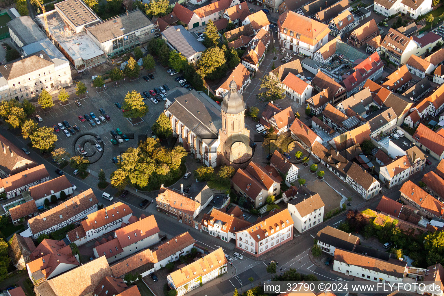 Aerial view of Market Square, St. George's Church in Kandel in the state Rhineland-Palatinate, Germany