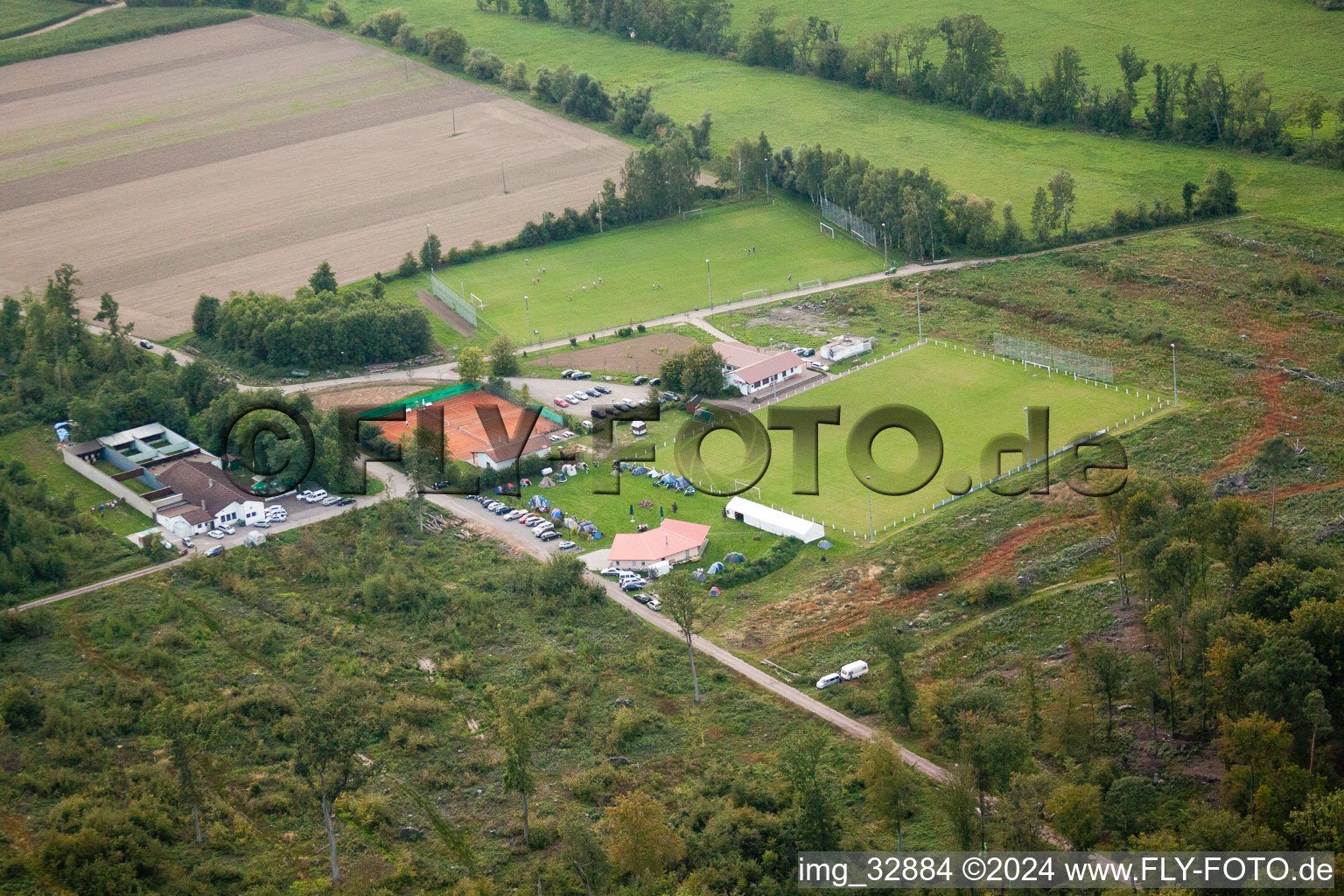 Aerial view of Sports festival at the football field in Steinweiler in the state Rhineland-Palatinate, Germany