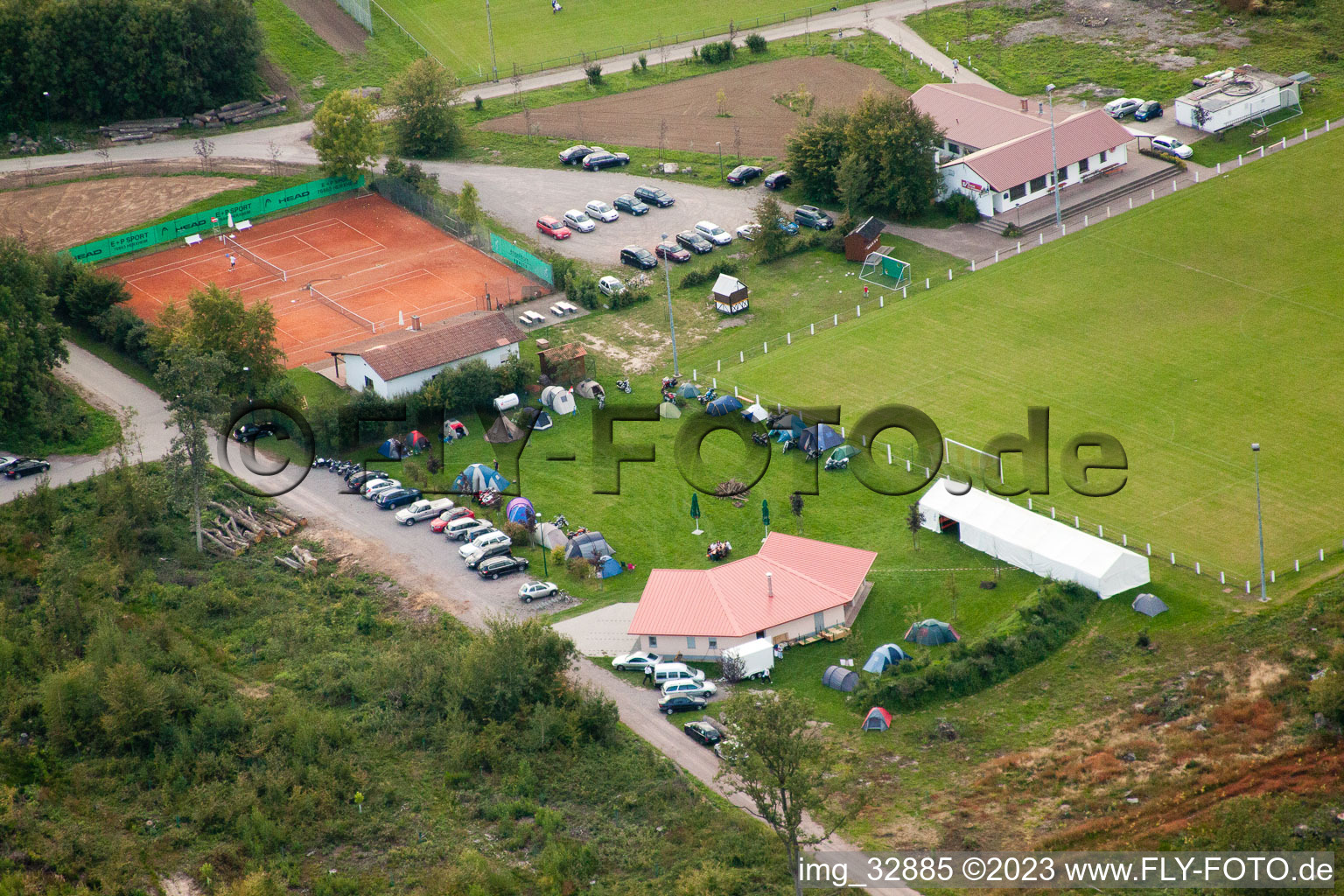 Aerial photograpy of Sports festival on the football field in Steinweiler in the state Rhineland-Palatinate, Germany