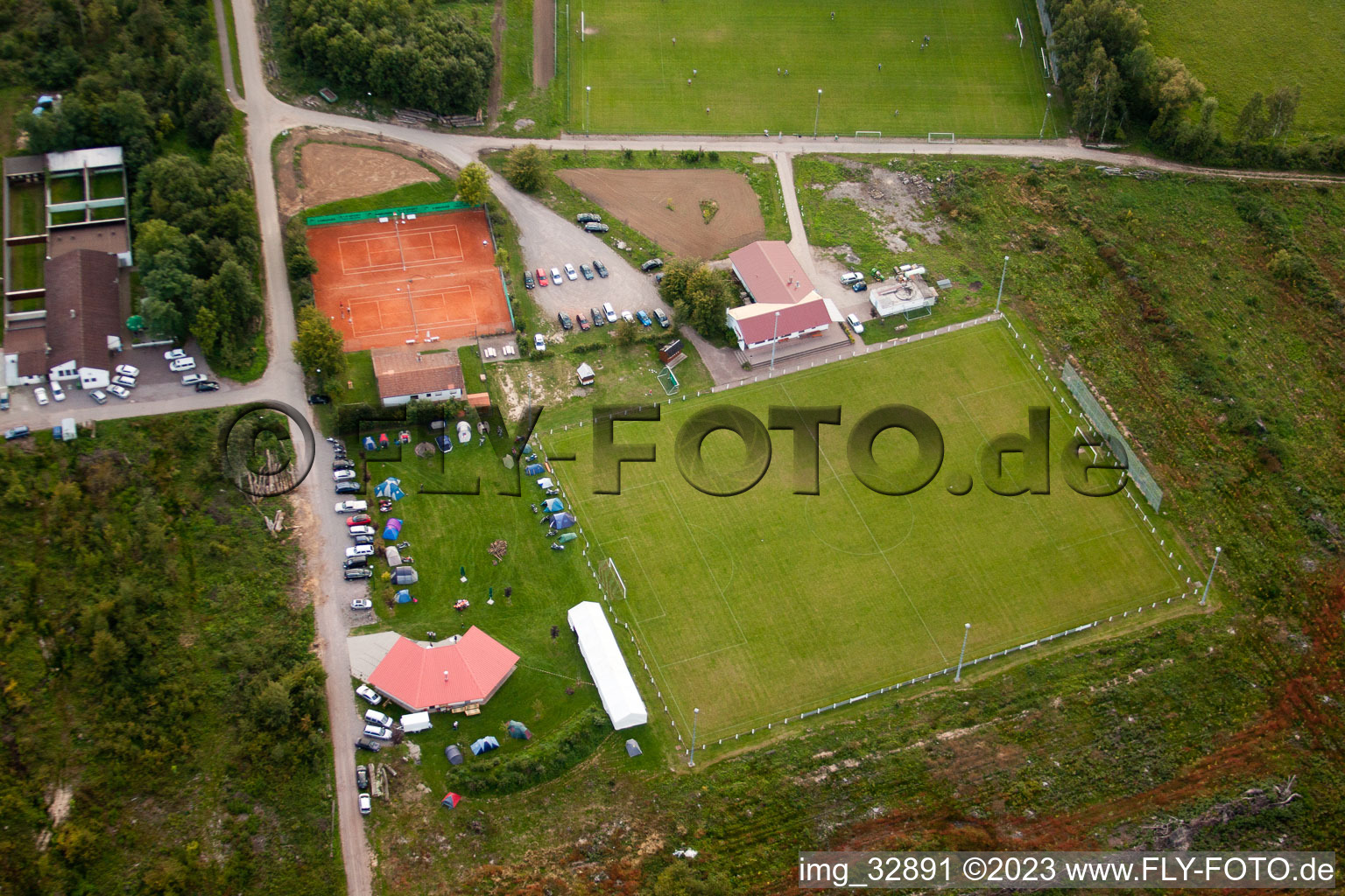 Oblique view of Sports festival on the football field in Steinweiler in the state Rhineland-Palatinate, Germany