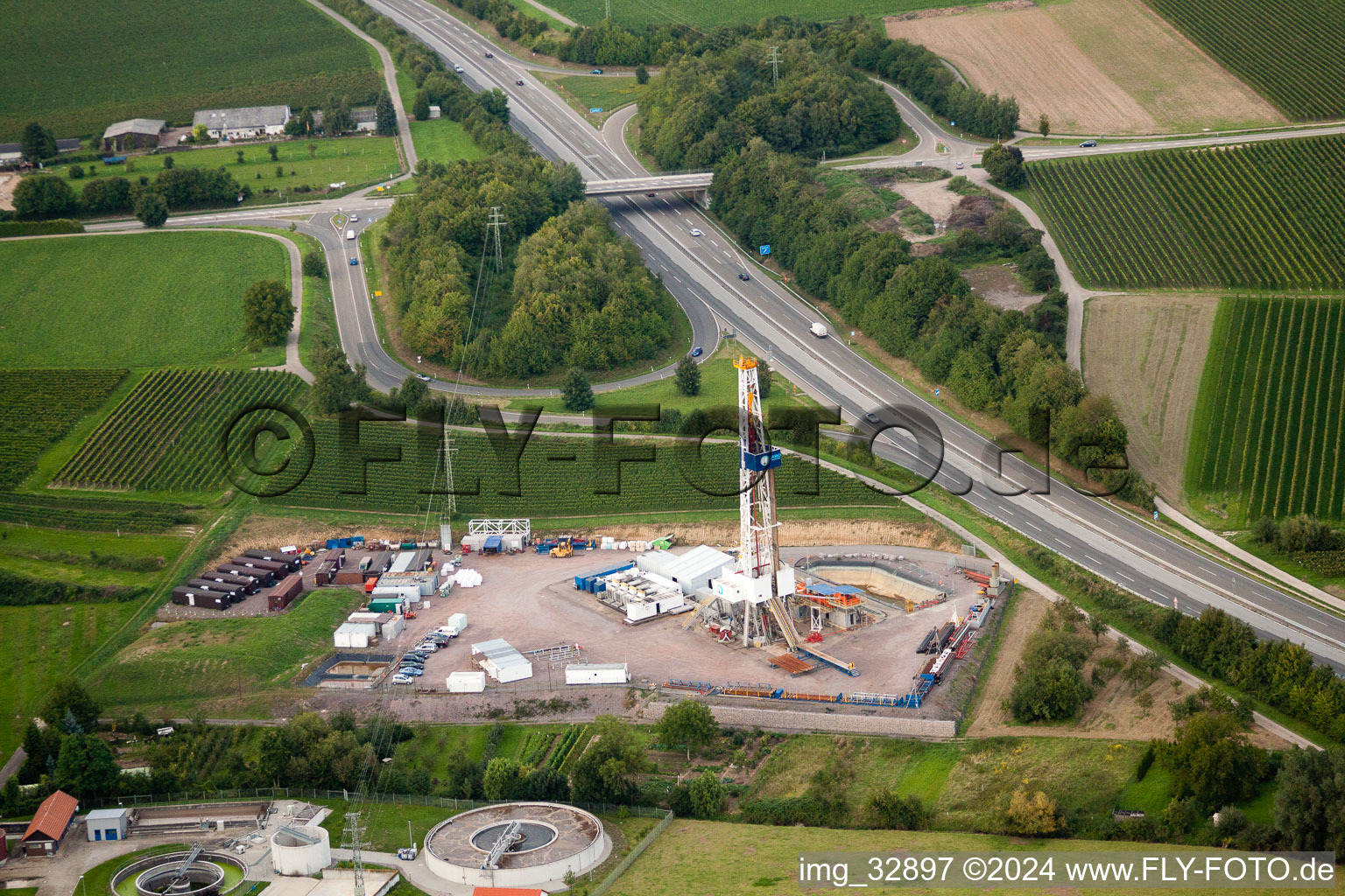 Geothermal plant on the A65, 2nd borehole in Insheim in the state Rhineland-Palatinate, Germany