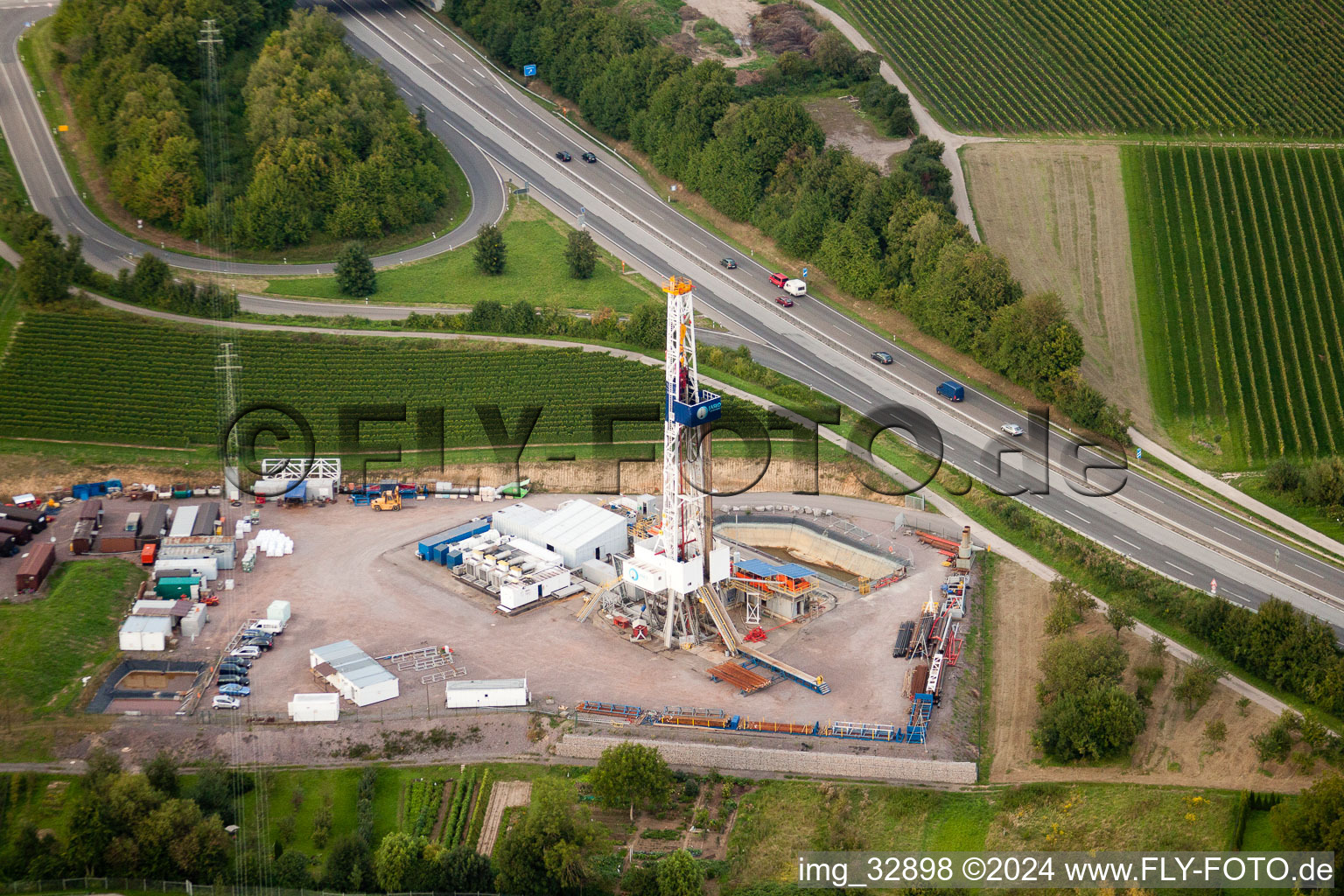 Aerial view of Geothermal plant on the A65, 2nd borehole in Insheim in the state Rhineland-Palatinate, Germany