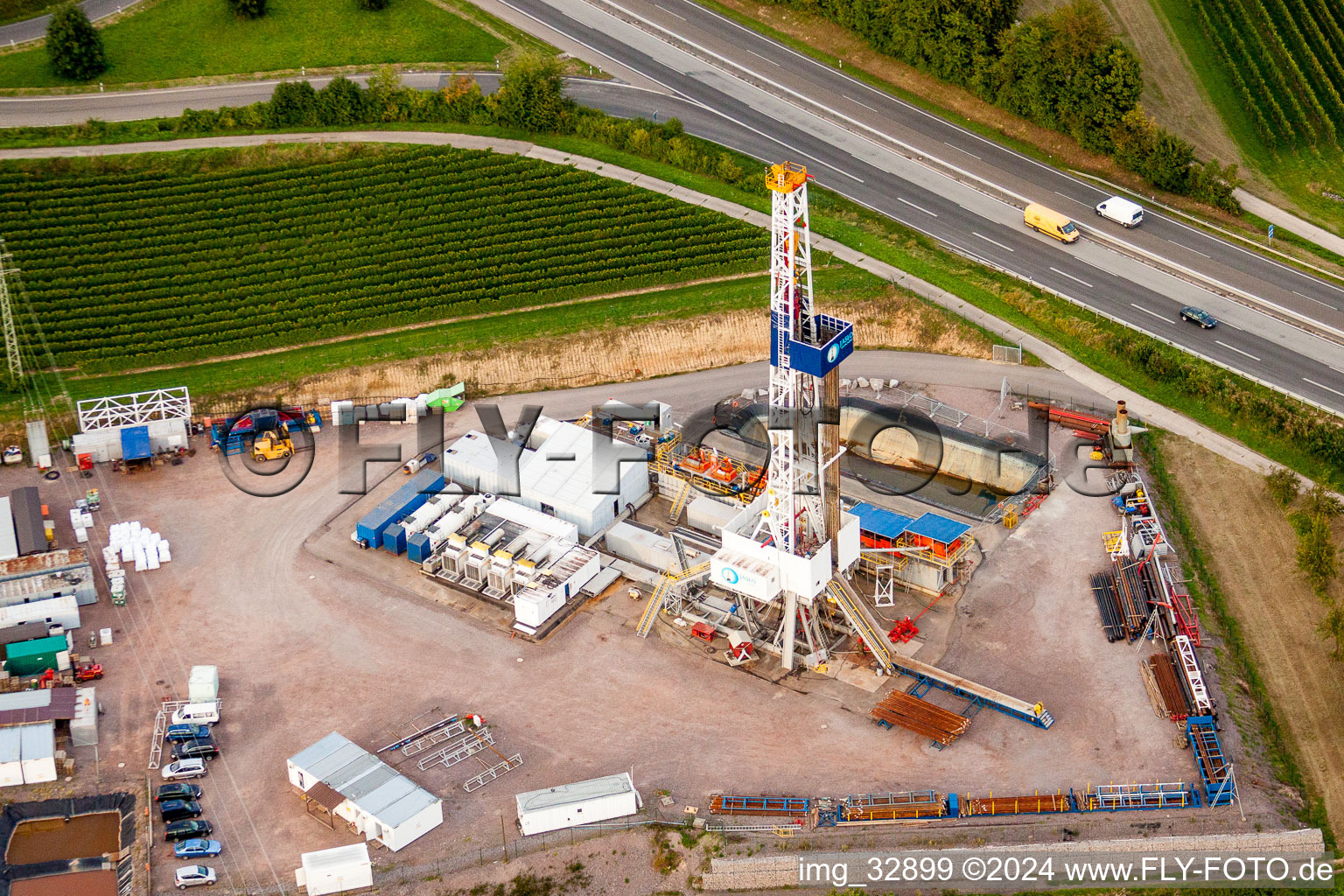 Aerial photograpy of Geothermal plant on the A65, 2nd borehole in Insheim in the state Rhineland-Palatinate, Germany