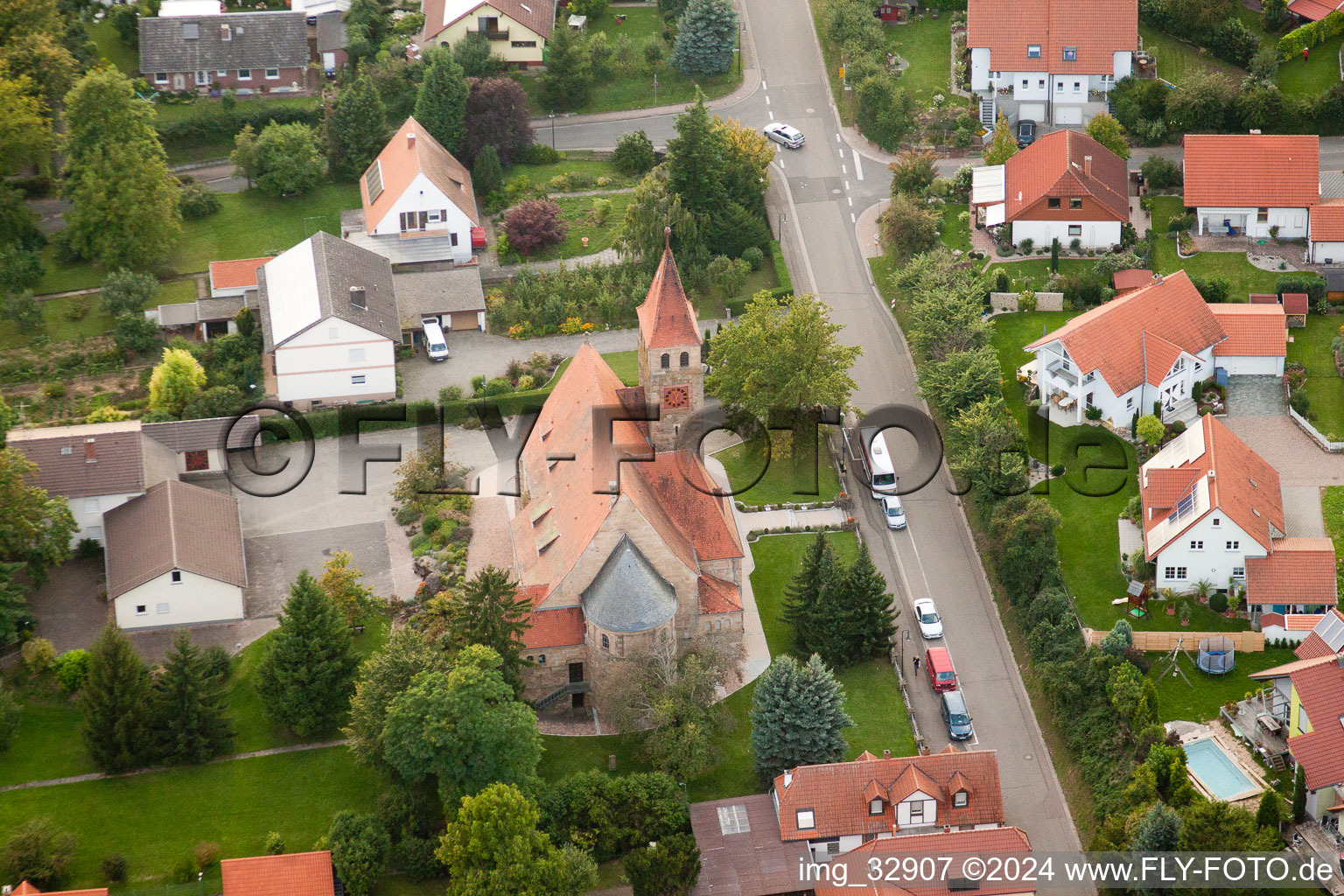 Aerial view of Church in Insheim in the state Rhineland-Palatinate, Germany