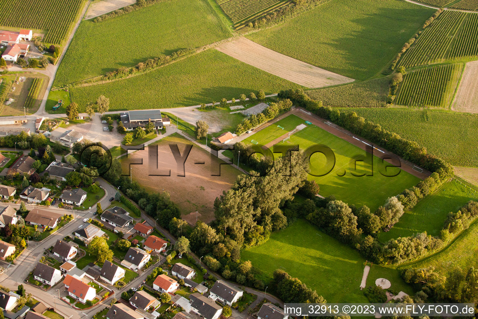Aerial view of Sports fields in Insheim in the state Rhineland-Palatinate, Germany