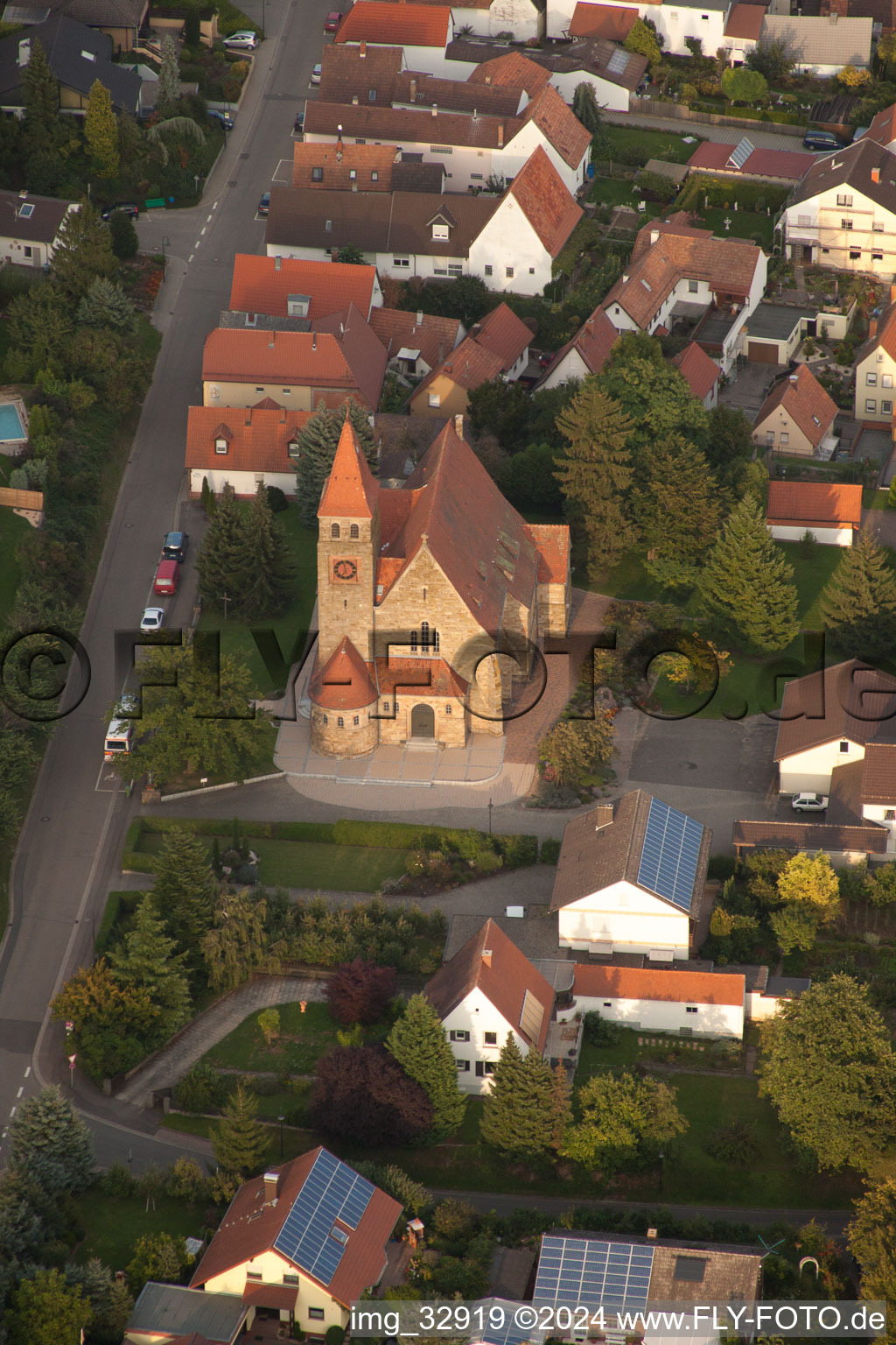 Aerial view of Church building in the village of in Insheim in the state Rhineland-Palatinate, Germany