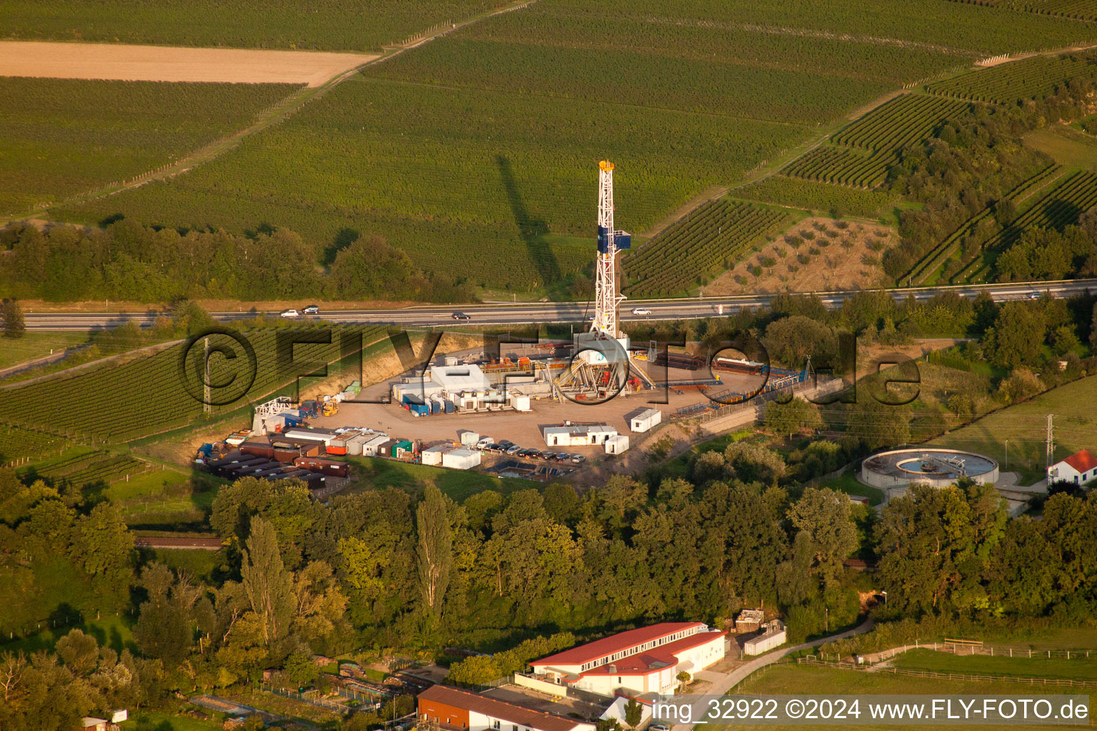 Oblique view of Geothermal plant on the A65, 2nd borehole in Insheim in the state Rhineland-Palatinate, Germany