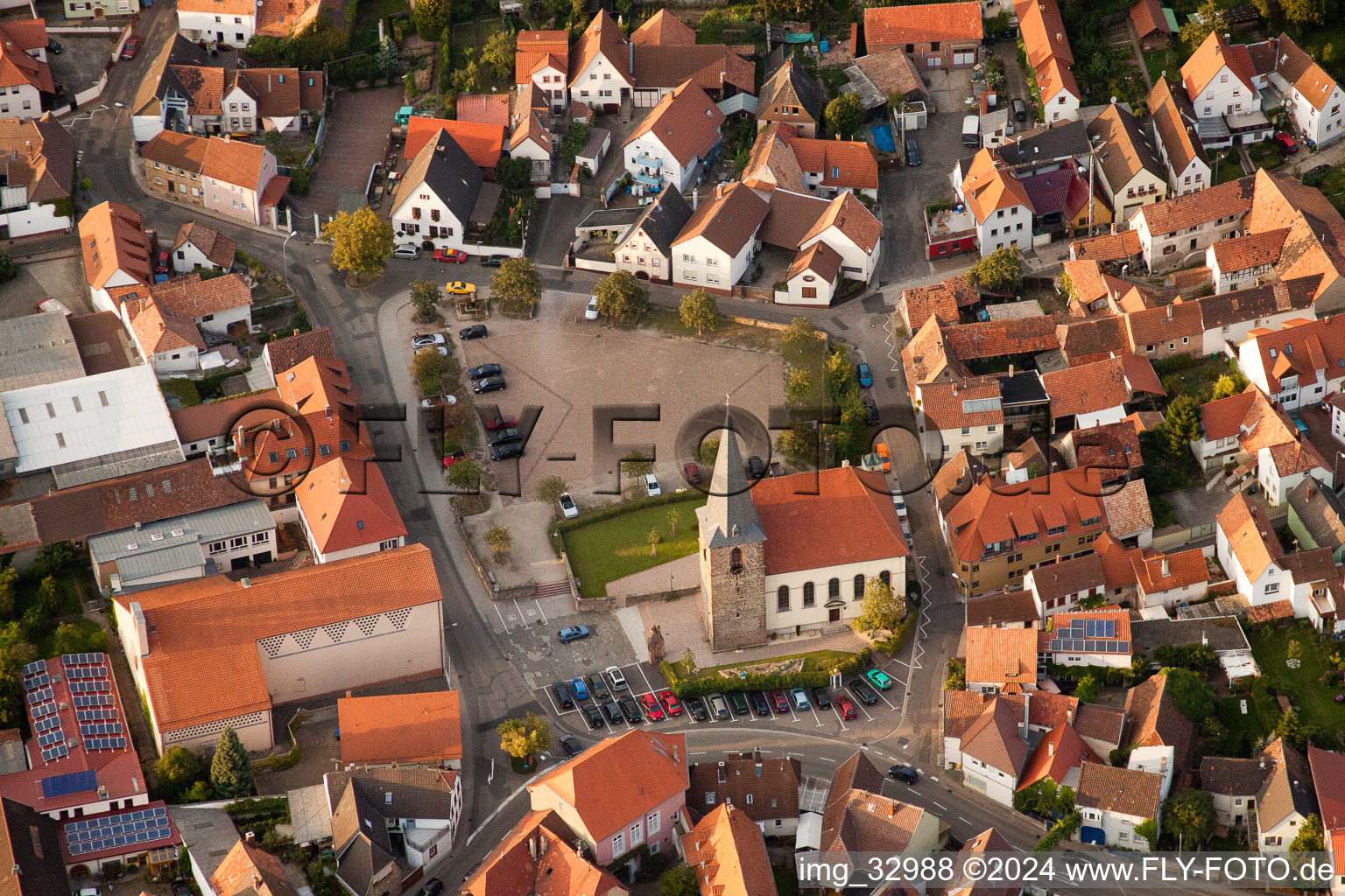 Aerial view of Church building in the village of in Godramstein in the state Rhineland-Palatinate, Germany