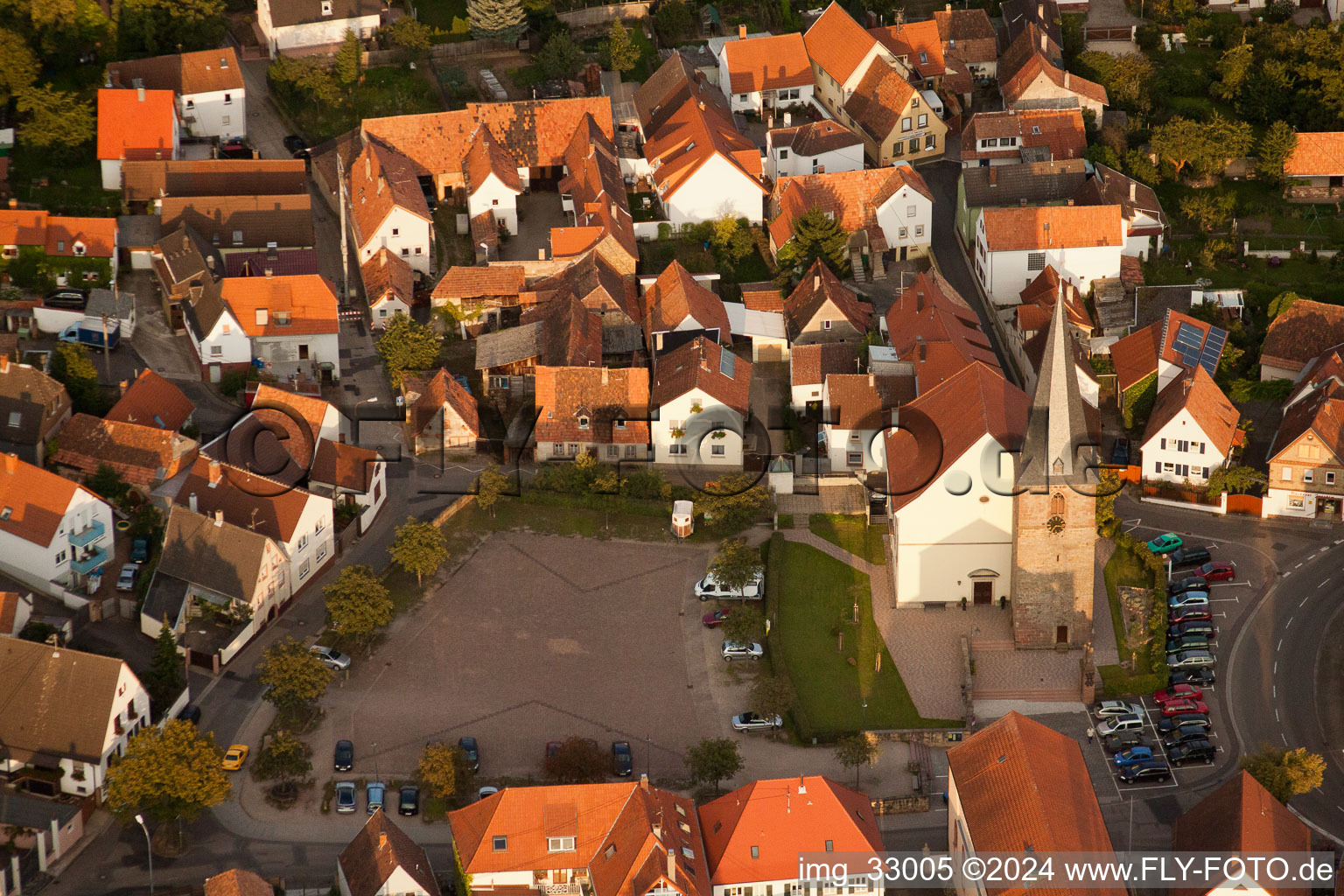 Aerial photograpy of Church building in the village of in Godramstein in the state Rhineland-Palatinate, Germany