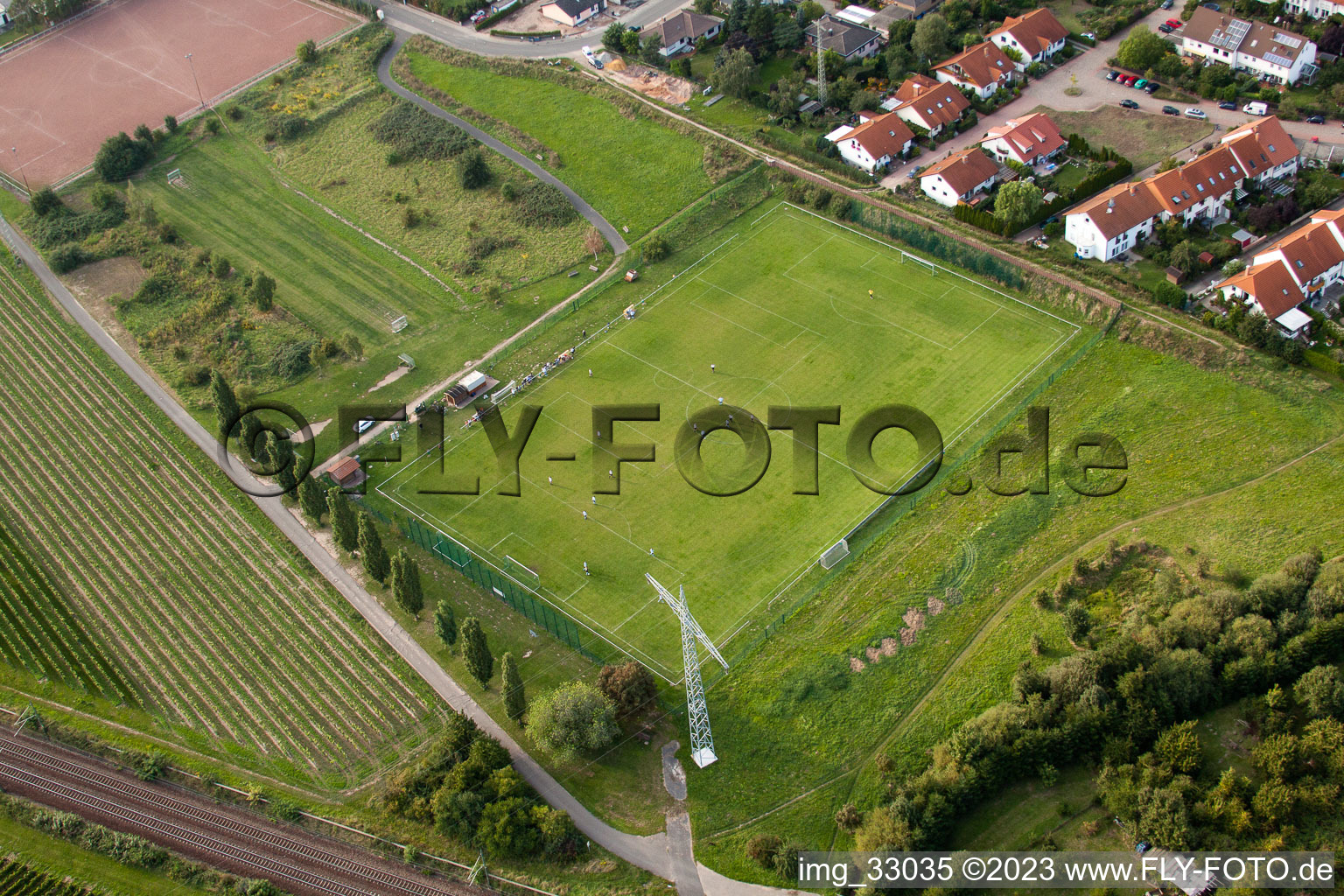 Aerial view of On the wine route, sports field in the district Mußbach in Neustadt an der Weinstraße in the state Rhineland-Palatinate, Germany