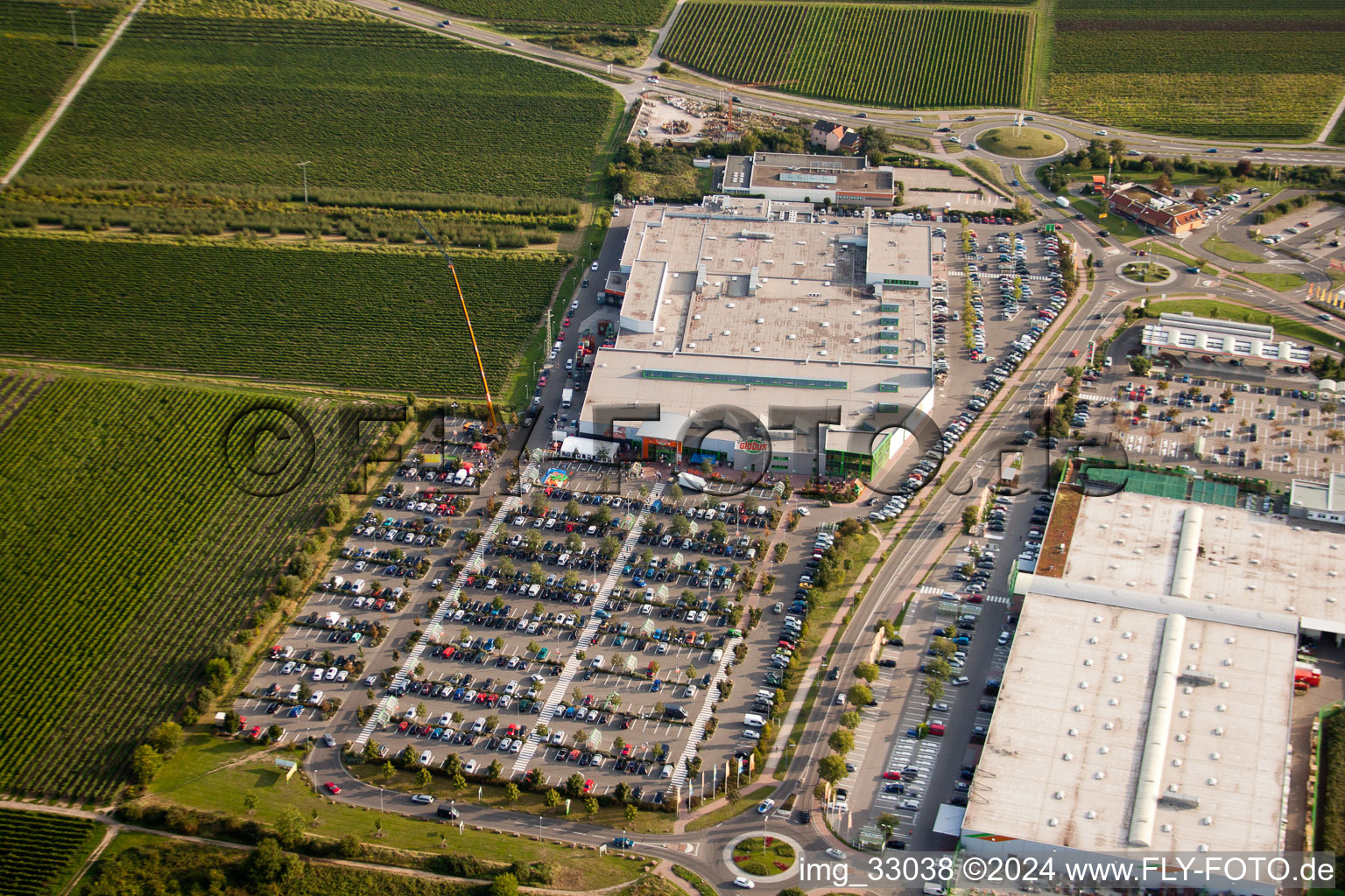 Aerial view of Retail park: Dehner, Hela, Globus in Neustadt an der Weinstraße in the state Rhineland-Palatinate, Germany