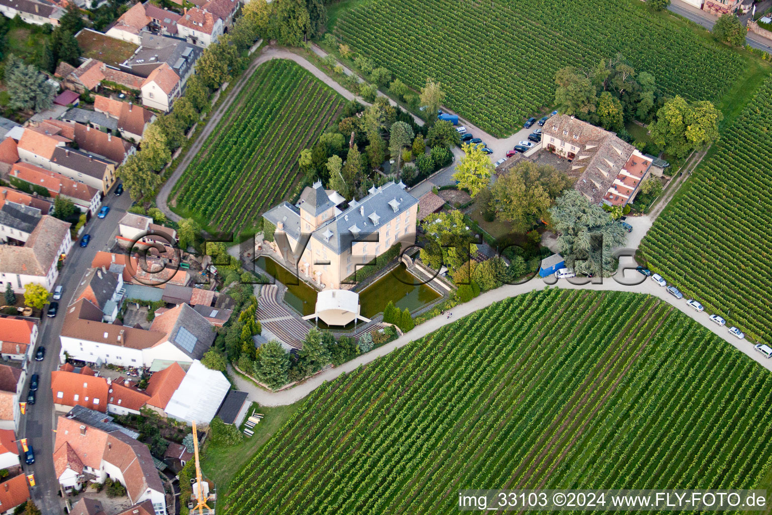 Complex of the hotel building Hotel Schloss Edesheim, Privathotels Dr. Lohbeck GmbH & Co. KG in Edesheim in the state Rhineland-Palatinate out of the air