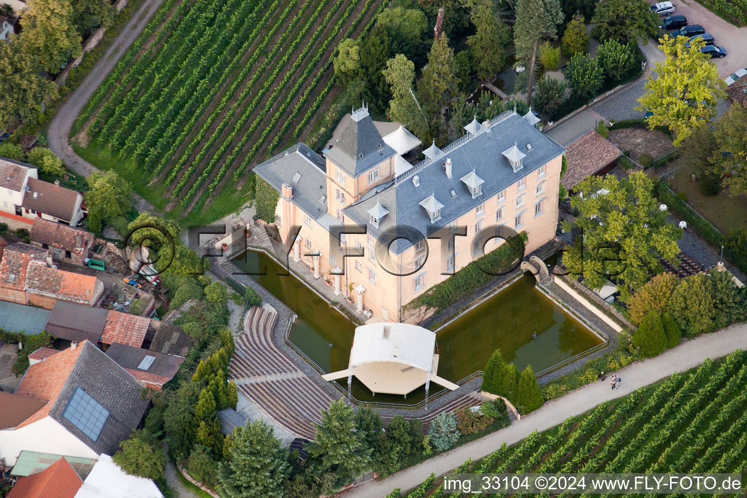 Complex of the hotel building Hotel Schloss Edesheim, Privathotels Dr. Lohbeck GmbH & Co. KG in Edesheim in the state Rhineland-Palatinate seen from above