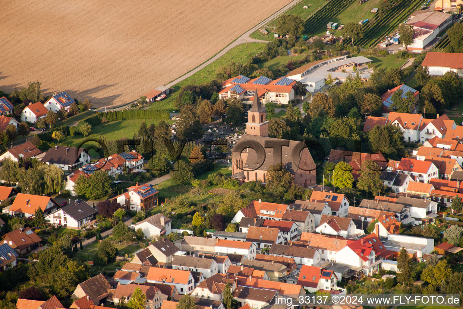 Aerial view of Church building in the village of in Essingen in the state Rhineland-Palatinate