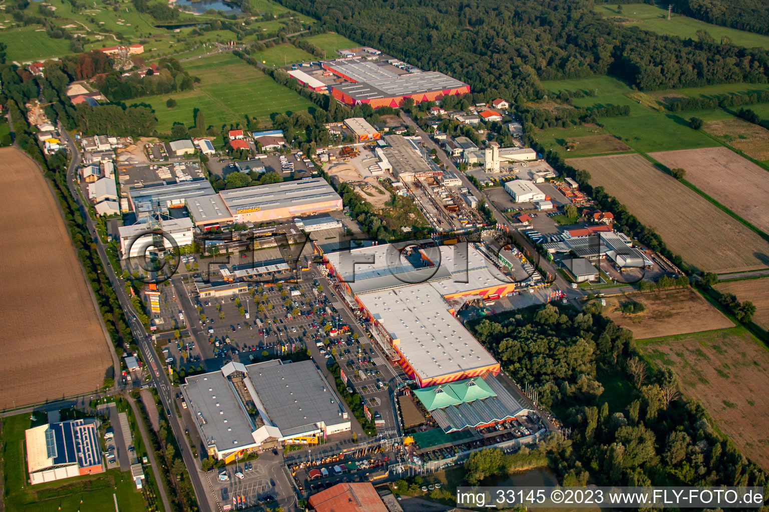 Aerial view of Hornbach construction center in Bornheim in the state Rhineland-Palatinate, Germany