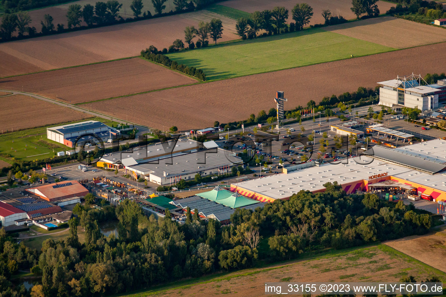 Aerial view of Hornbach Building Center in the district Dreihof in Bornheim in the state Rhineland-Palatinate, Germany