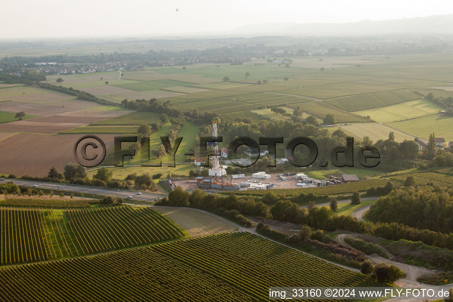 Geothermal plant on the A65, 2nd borehole in Insheim in the state Rhineland-Palatinate, Germany from above