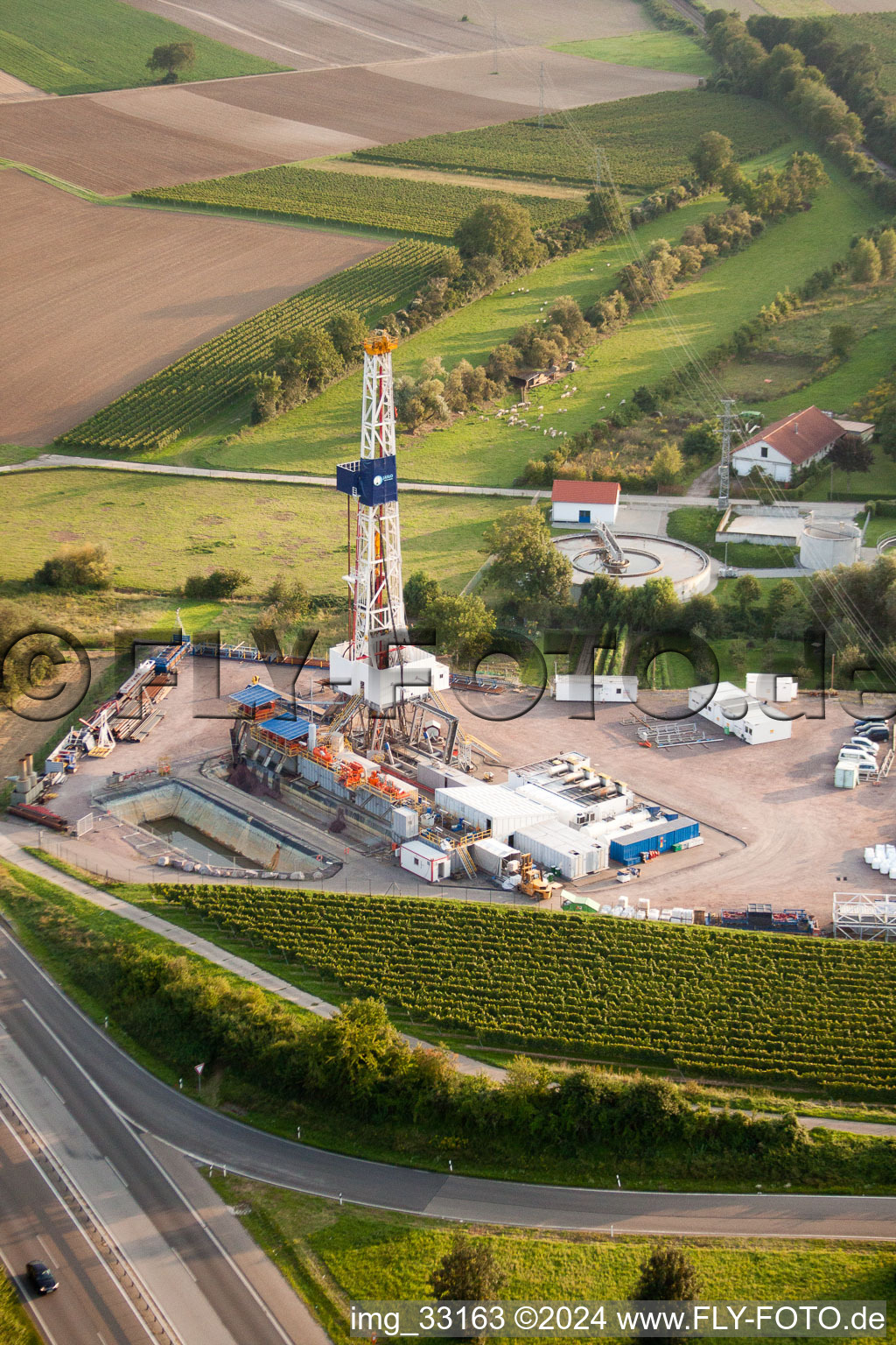 Geothermal plant on the A65, 2nd borehole in Insheim in the state Rhineland-Palatinate, Germany seen from above