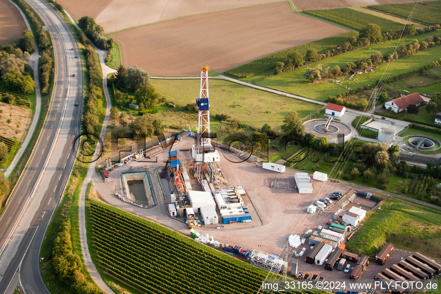 Geothermal plant on the A65, 2nd borehole in Insheim in the state Rhineland-Palatinate, Germany from the plane