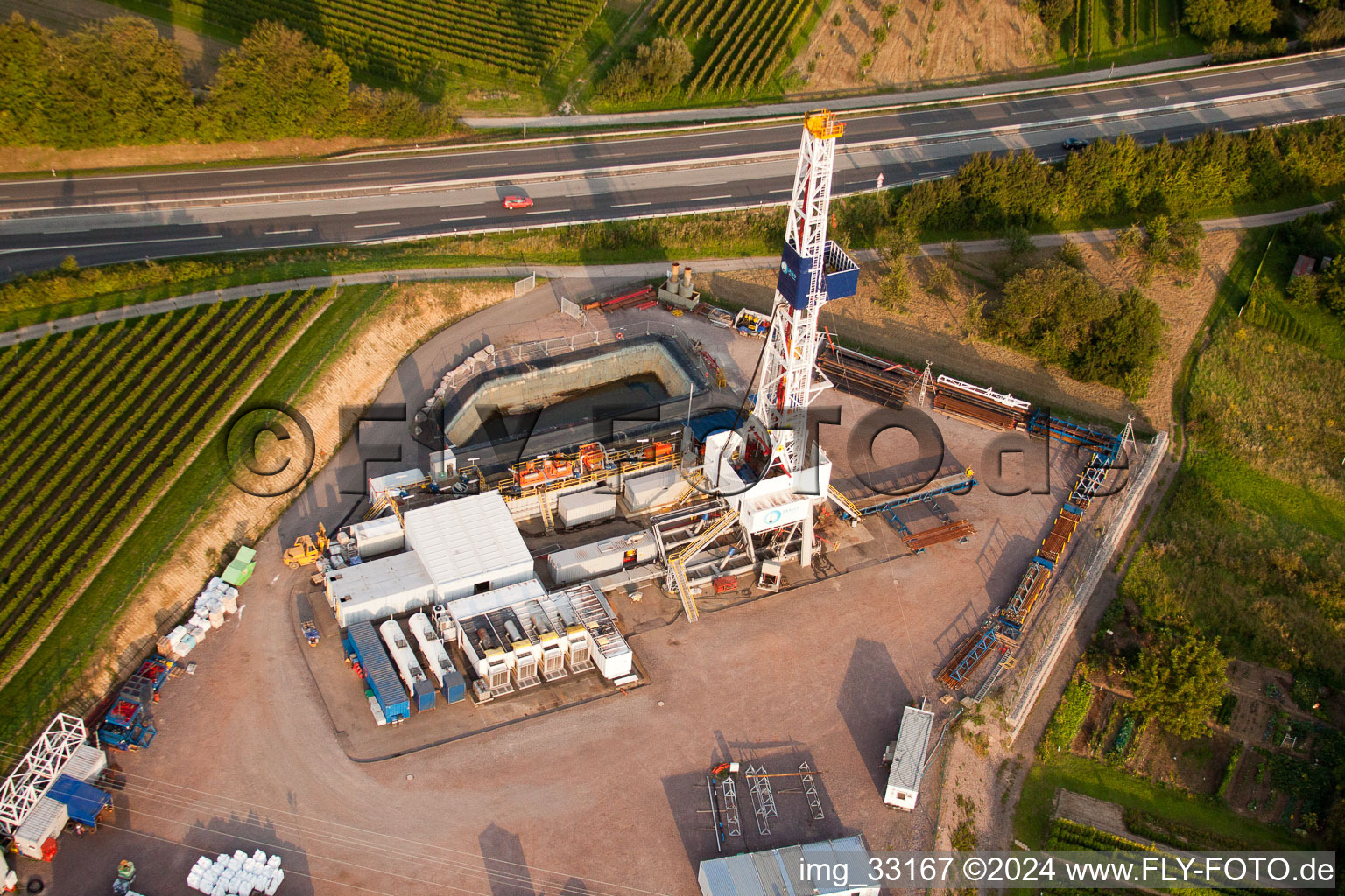 Bird's eye view of Geothermal plant on the A65, 2nd borehole in Insheim in the state Rhineland-Palatinate, Germany