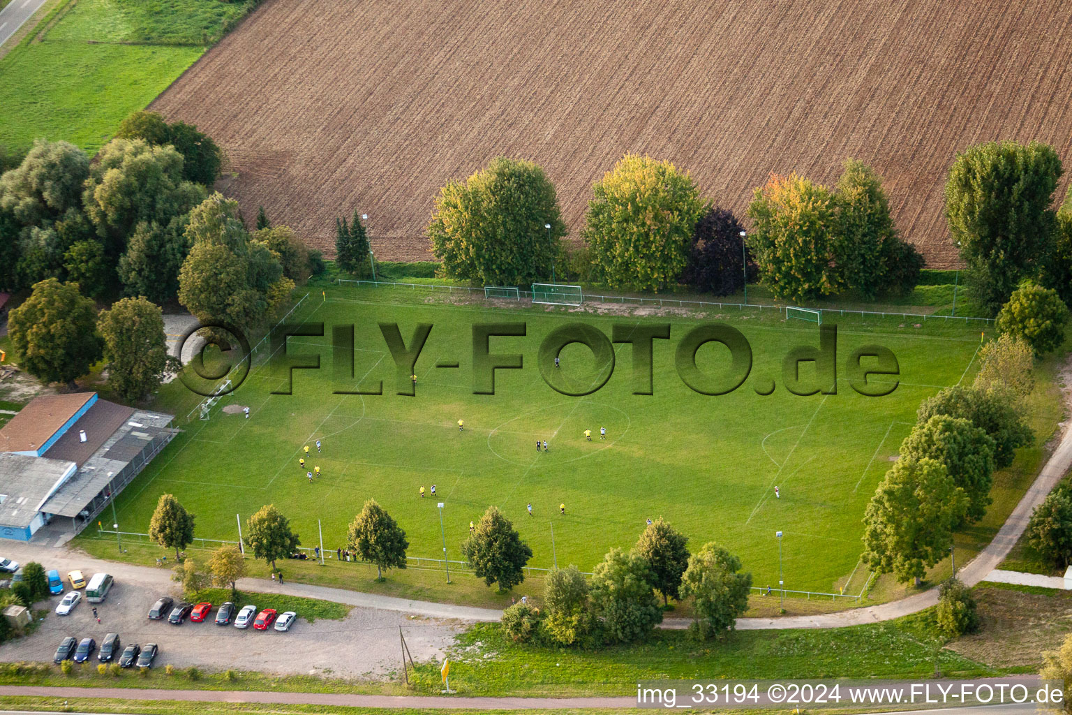 Aerial view of Football field in Rohrbach in the state Rhineland-Palatinate, Germany