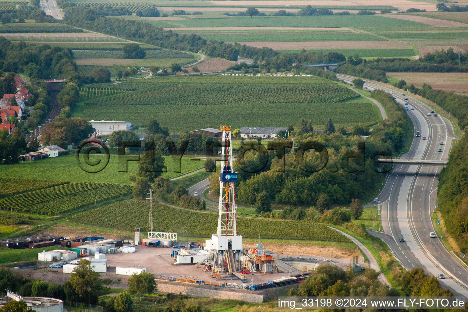 Geothermal plant on the A65, 2nd borehole in Insheim in the state Rhineland-Palatinate, Germany viewn from the air