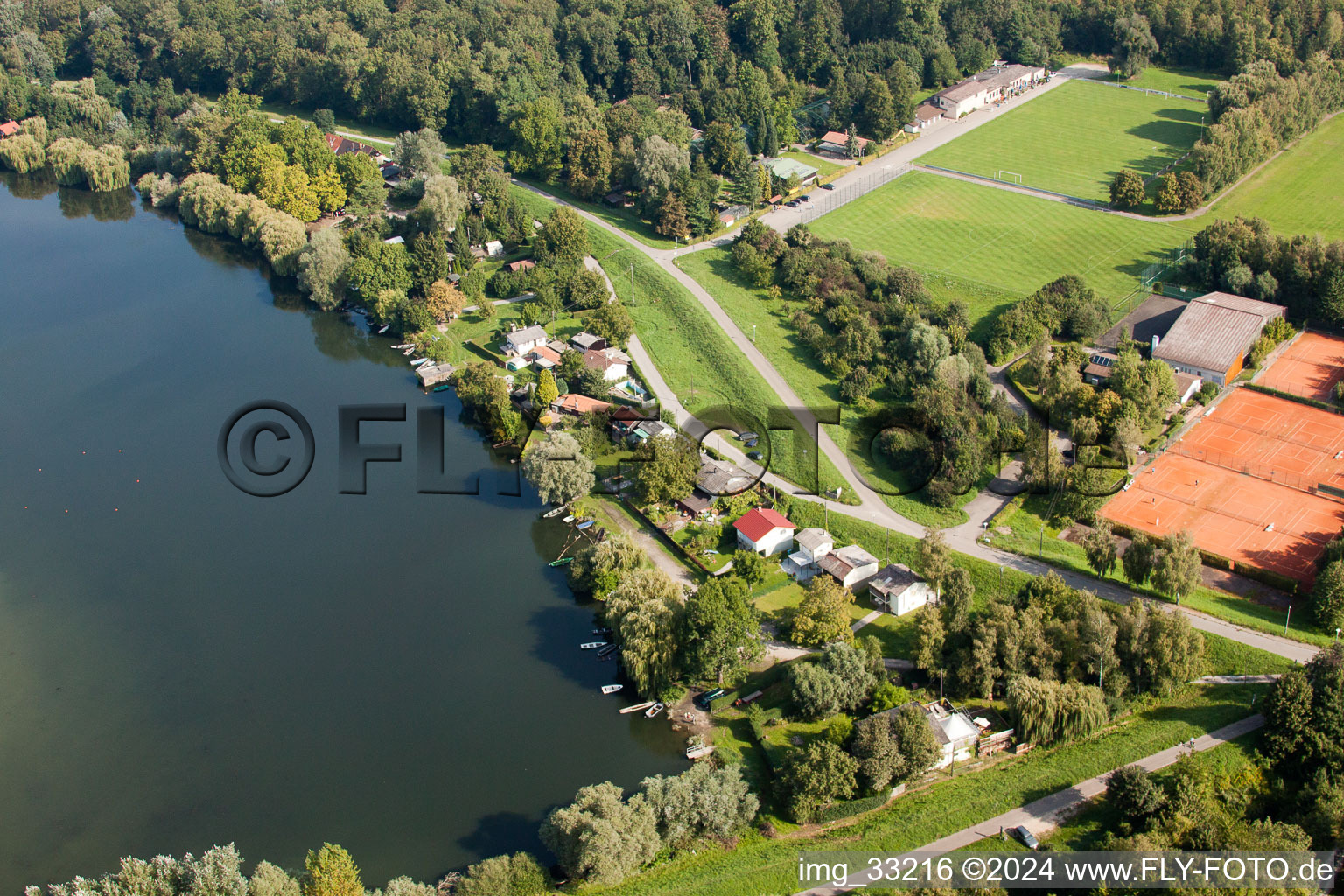 Aerial view of Sports fields, FV-Leopoldshafen in the district Leopoldshafen in Eggenstein-Leopoldshafen in the state Baden-Wuerttemberg, Germany