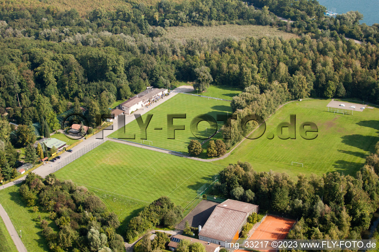 Aerial photograpy of Sports fields, FV-Leopoldshafen in the district Leopoldshafen in Eggenstein-Leopoldshafen in the state Baden-Wuerttemberg, Germany