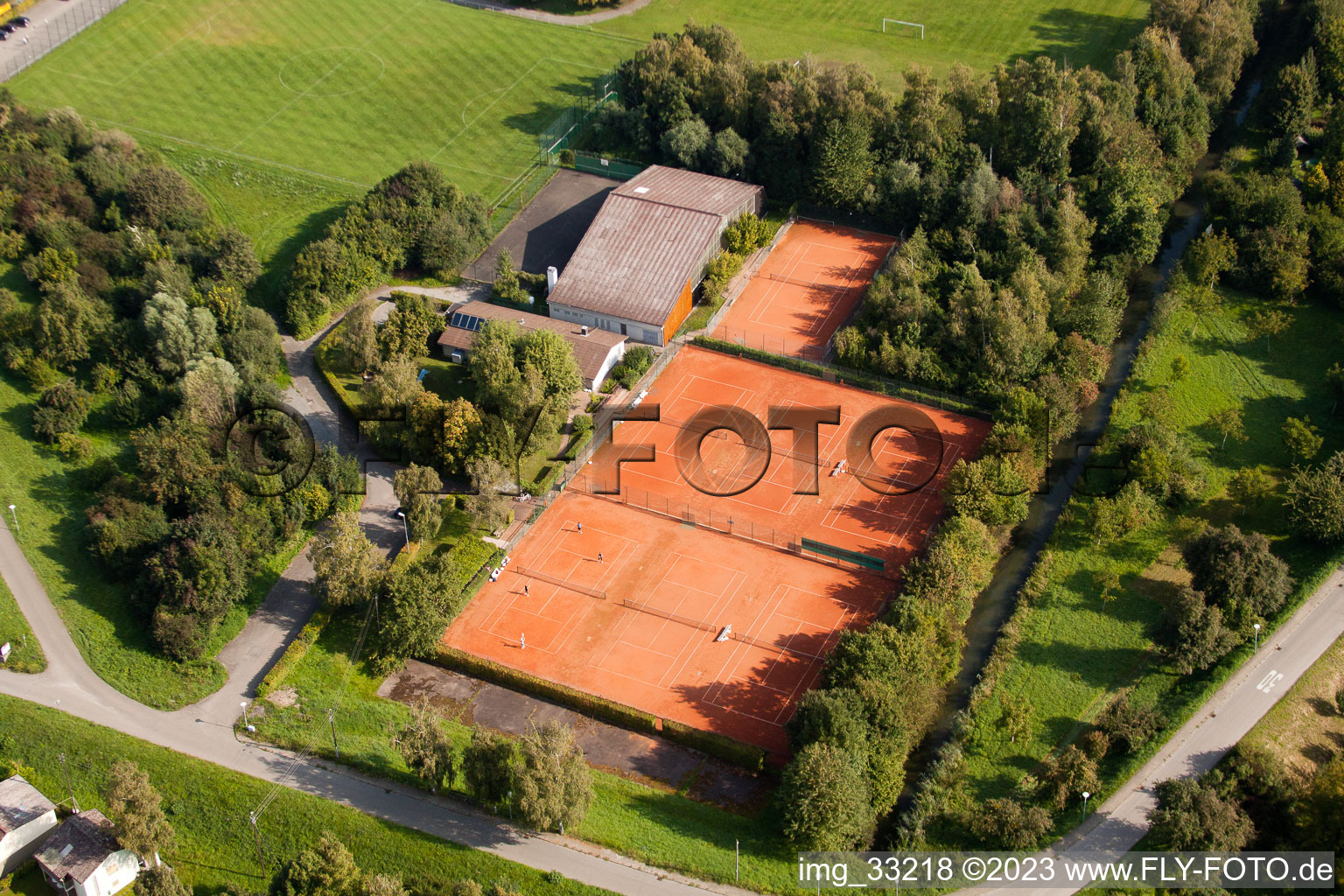 Oblique view of Sports fields, FV-Leopoldshafen in the district Leopoldshafen in Eggenstein-Leopoldshafen in the state Baden-Wuerttemberg, Germany