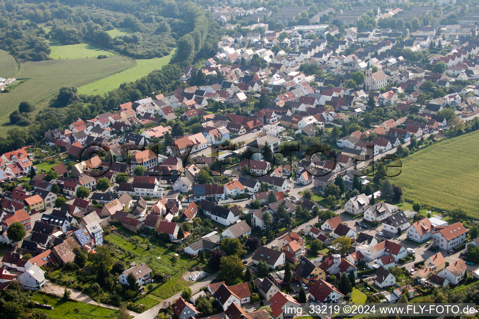 From the southwest in the district Leopoldshafen in Eggenstein-Leopoldshafen in the state Baden-Wuerttemberg, Germany