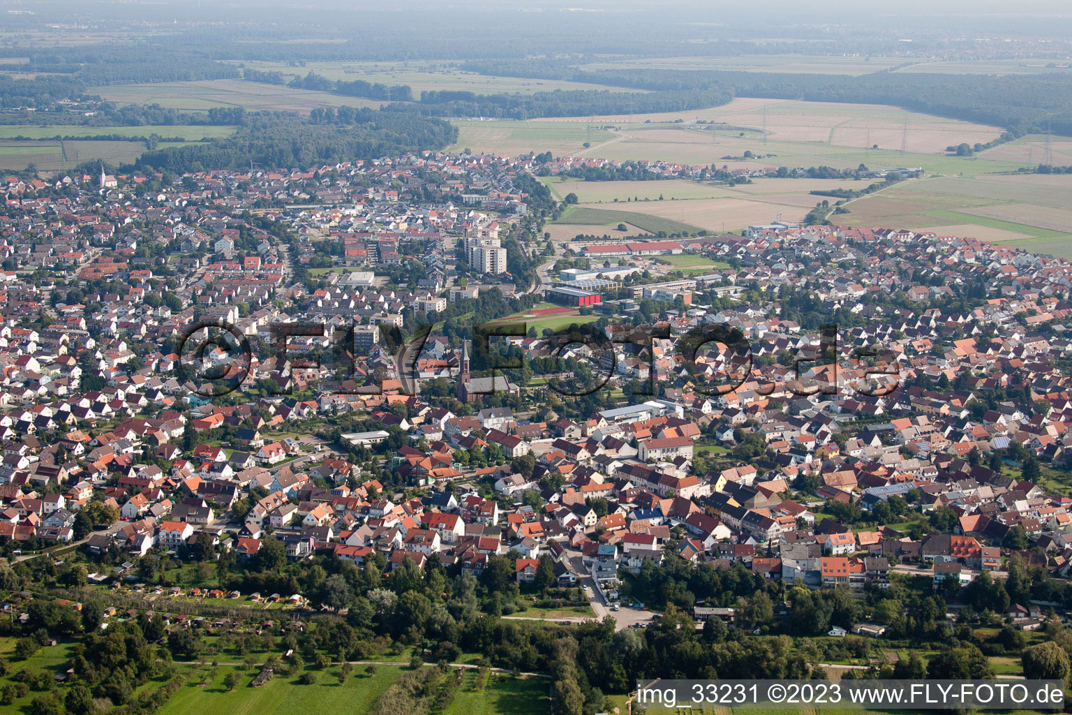 District Linkenheim in Linkenheim-Hochstetten in the state Baden-Wuerttemberg, Germany from the plane