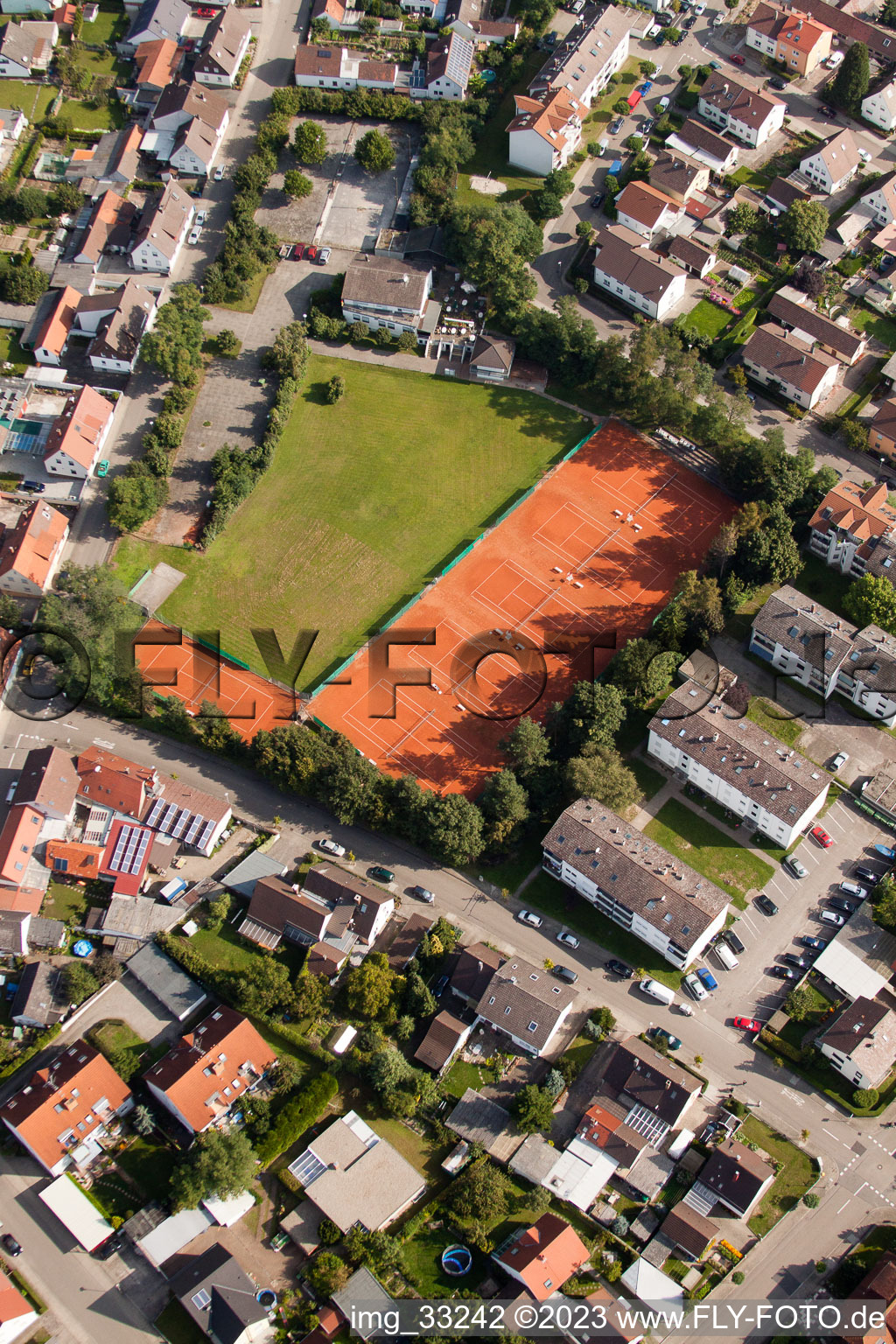 Aerial view of Tennis club TV Linkenheim eV in the district Linkenheim in Linkenheim-Hochstetten in the state Baden-Wuerttemberg, Germany