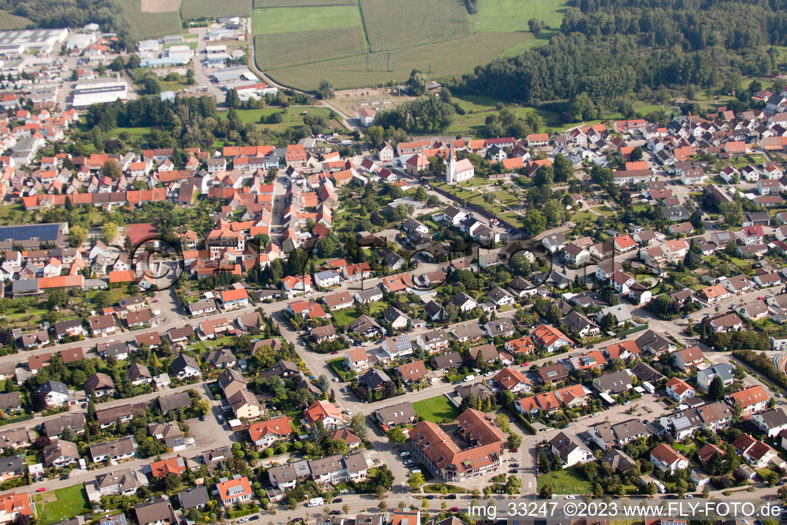 Drone recording of District Hochstetten in Linkenheim-Hochstetten in the state Baden-Wuerttemberg, Germany