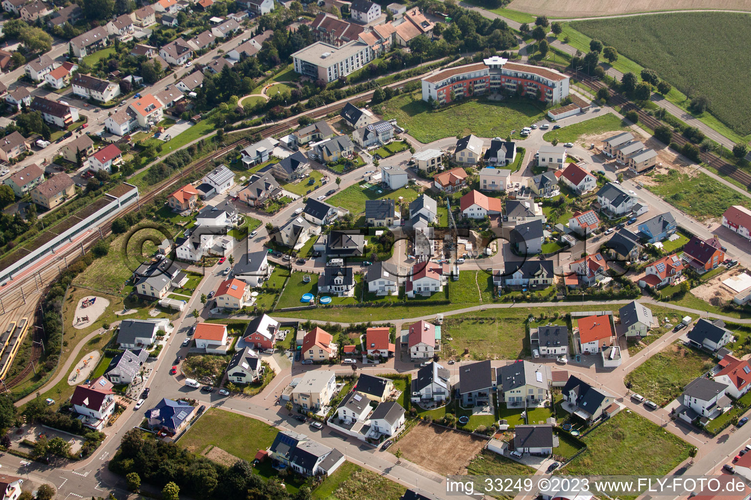 Aerial view of Linkenheim, Europaring in the district Hochstetten in Linkenheim-Hochstetten in the state Baden-Wuerttemberg, Germany
