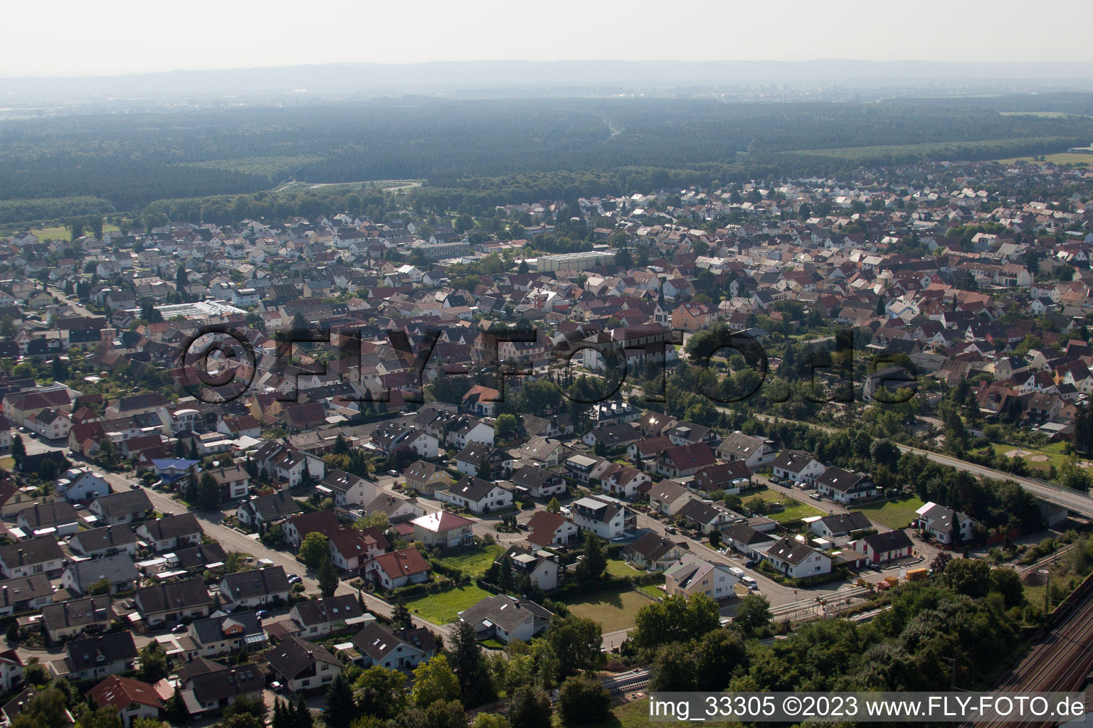 Drone image of District Neudorf in Graben-Neudorf in the state Baden-Wuerttemberg, Germany