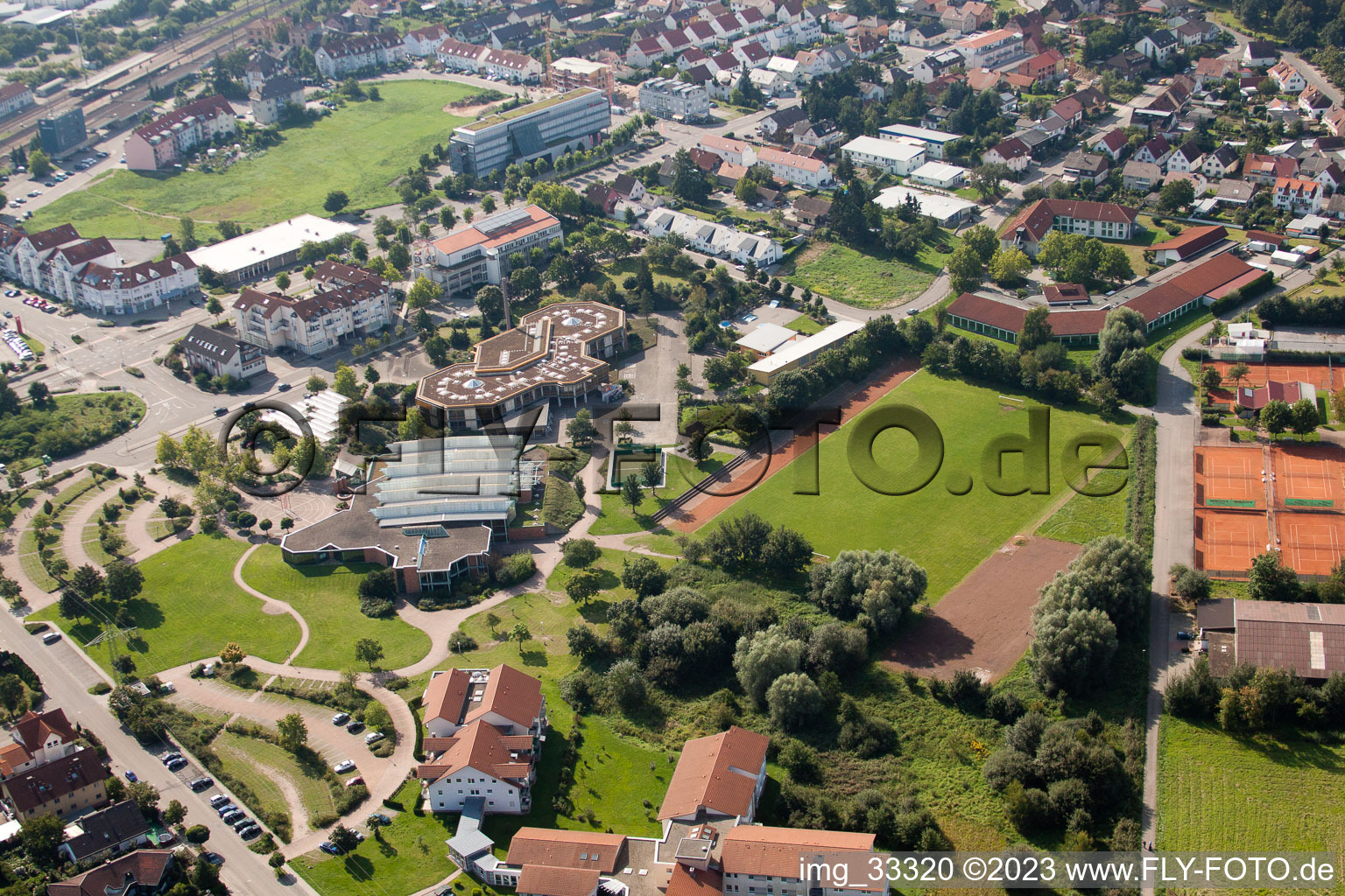 Aerial view of Sports fields in the district Graben in Graben-Neudorf in the state Baden-Wuerttemberg, Germany